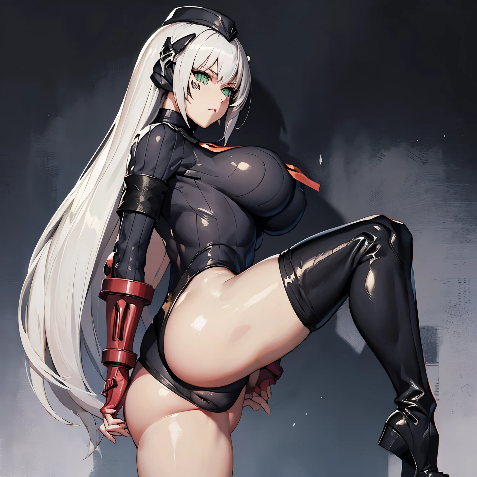 ultra-detailed, Explicit, Beautiful body, Beautiful Nose, Beautiful character design, perfect eyes, perfect face, ultra highres, 4K, beautiful legs, perfect legs, Nice hands, Perfect hand, Masterpiece, Best Quality, Highly detailed, illustration, absurdres, perfect anatomy, street fighter, doll suit, shadaloo doll, dollsuit, expressionless, blank eyes, looking at viewer, red gloves, emotionless, black latex, corrution, mind control, female combatant, full body, hypnotized, unhappy trance, full body suit, ribbed bodysuit, both arms at side, obey, perfect female body, extremely glossy latex, hypnosis, hypnoLora, empty eyes, Mind control device, poses, submissive_pose, Slave, standing straight, standing, standing at attention, hat, necktie, belt, latex, ribbed bodysuit, thighhighs, garter belt, Fighting Stance, extending the right arm from the shoulder into the air with a straightened hand, military, thigh boots, black pantyhose, (((pixel-perfect, detail-perfect))), solo, 1girl, hair ornaments, long hair, white hair, green eyes, Gager, Girls' Frontline, huge breast, looking from back, view from, ass