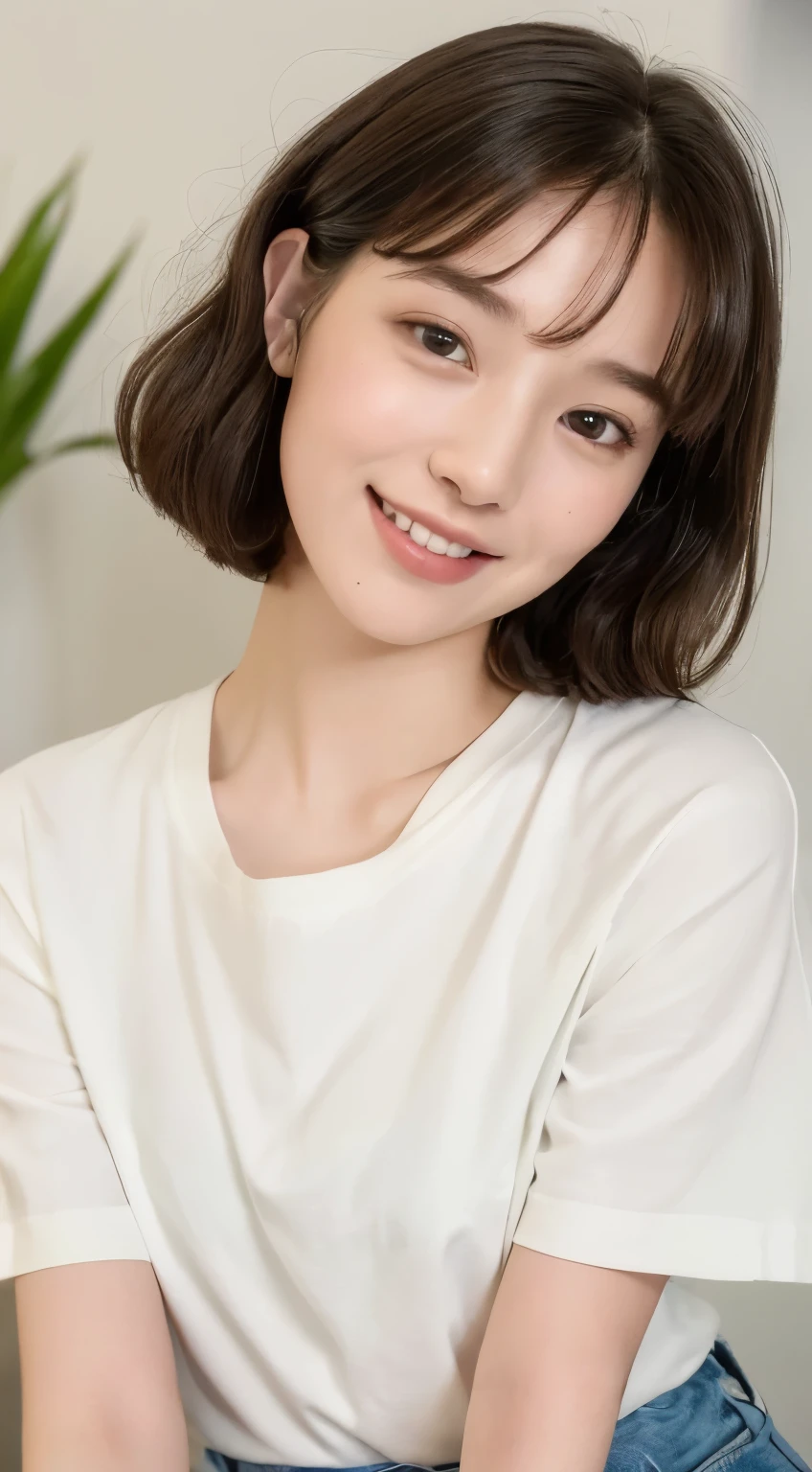 ((highest quality、8k、masterpiece:1.3))、1 girl、18-year-old, (casual hairstyles、very short hair)、interior、super detail face、delicate eyes、double eyelid、laughter、Highly detailed upper body、Highly detailed lower body、(full body photo)、Spring 2024, Tokyo, Clothes that are popular in spring, The background is Shibuya
