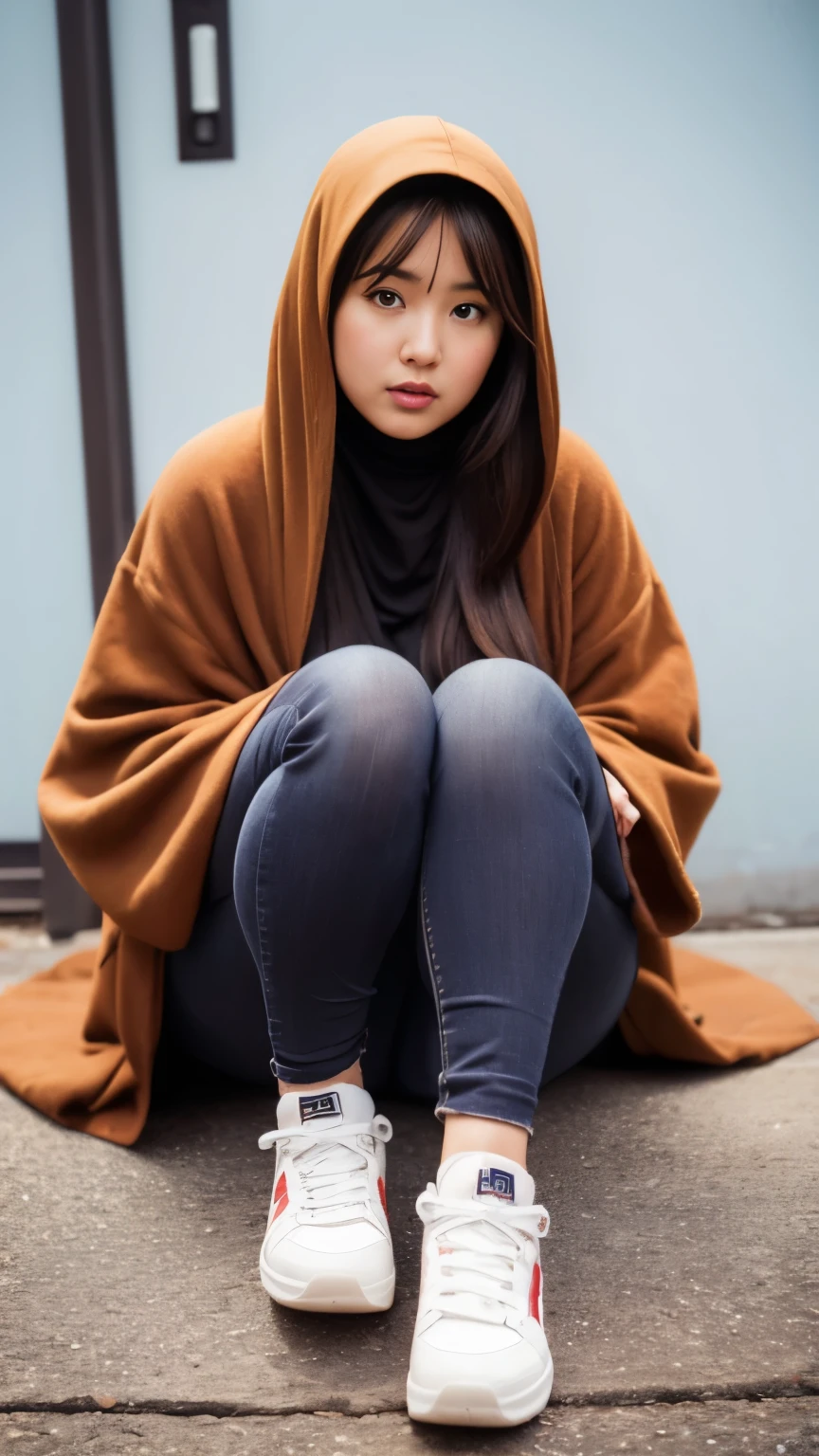 there is a woman sitting down with a longest brown hair, bbwchan, thicc, brown hijab outfit, brown hairstyle model, korean girl, korean woman, wearing brown robe, full length shot, alluring plus sized model, japanese goddess, clothed in hooded, voluptuous and arousing, portrait shot, curvy model, voluptuous body, wonderful, nene tanaka body , bbwchan, The overall atmosphere is smooth , haunting illustrations, extremely high-resolution details, photographic, realism pushed to extreme, fine texture, 4k, ultra-detailed, high quality, high contrast, red sneakers , cold atmosphere ,, cold atmosphere