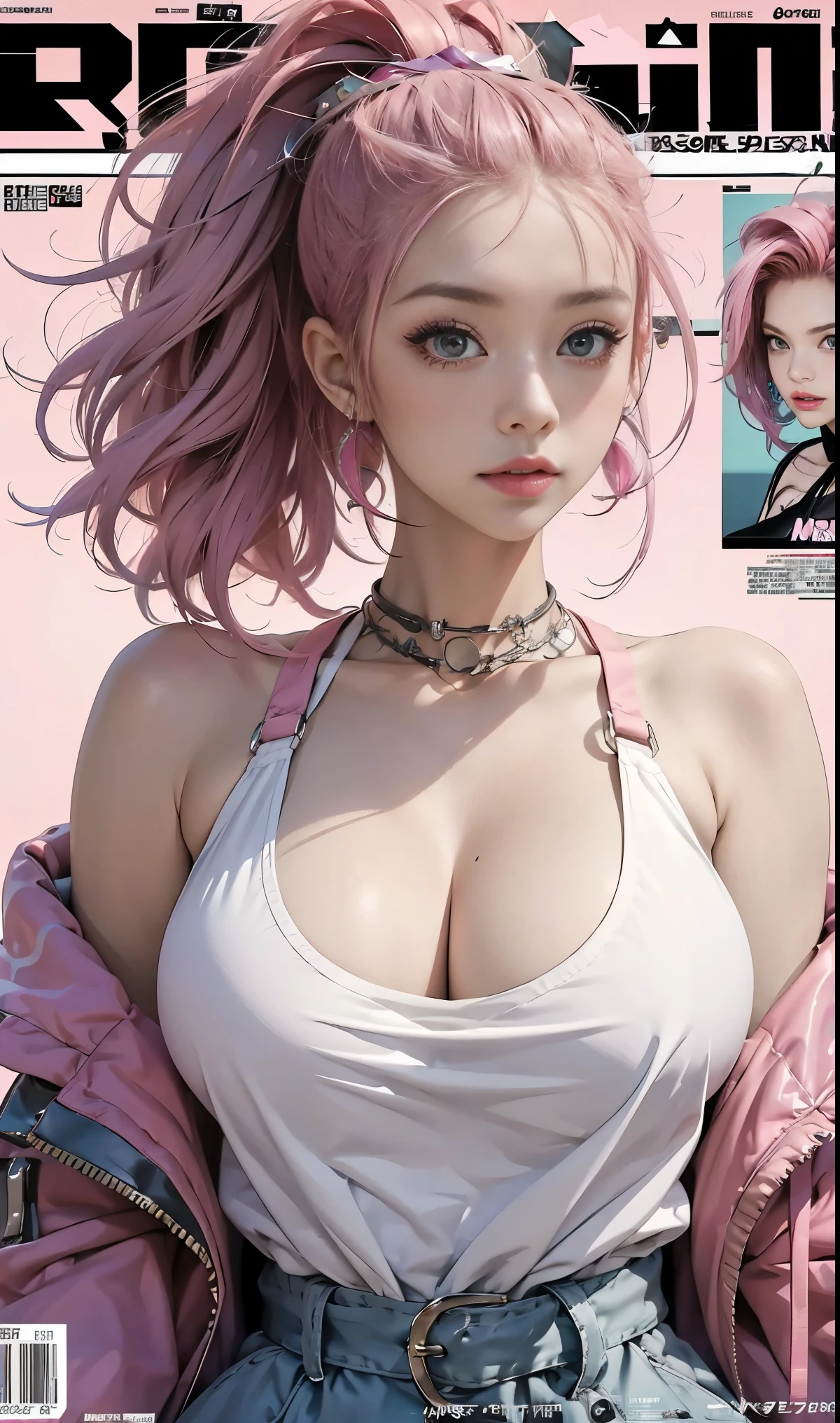 (NSFW:1.2),(masterpiece, highest quality, One girl, alone, Intricate details, chromatic aberration), Realistic, ((Medium breath)),Long Hair, Pink Hair, Red headdress, pink highlights, Hair on one eye,Purple eyes, Earrings, Sharp eyes, choker, Neon Shirt, Open jacket, Crop top, (Symmetrical eyes),(Perfectly symmetrical body),Against the wall, Brick wall, graffiti, Dim lighting, alley ,View the viewer