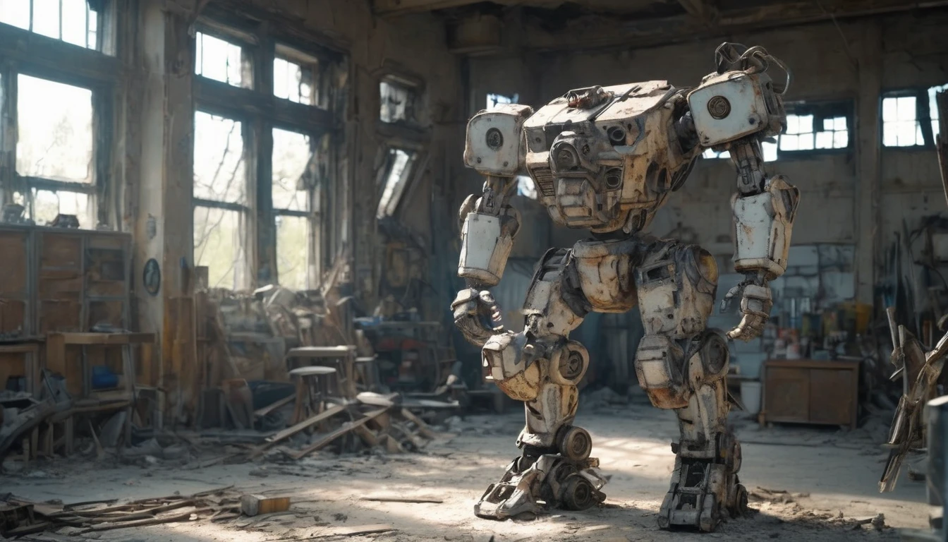 (best quality, 4k, 8k, high resolution, masterpiece: 1.2), ultra-detailed (realistic, photorealistic, photorealistic: 1.37), (in a workshop there is a large abandoned Mecha: 2.2), with rusty metal textures, broken joints and discolored paint. The robot remains standing. Sunlight filters through the broken windows, casting a soft, diffuse light over the scene. The colors are dull and desaturated. The abandoned robot appears worn and aged, its exposed wires and gears indicating his abandonment.