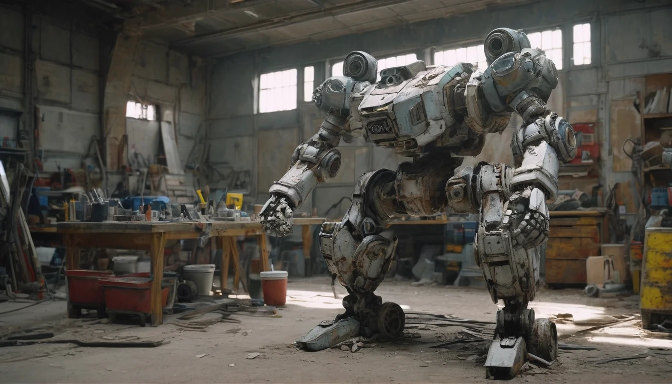 (best quality, 4k, 8k, high resolution, masterpiece: 1.2), ultra-detailed (realistic, photorealistic, photorealistic: 1.37), (in a workshop there is a large abandoned Mecha: 2.2), with rusty metal textures, broken joints and discolored paint. The robot remains standing. Sunlight filters through the broken windows, casting a soft, diffuse light over the scene. The colors are dull and desaturated. The abandoned robot appears worn and aged, its exposed wires and gears indicating his abandonment.