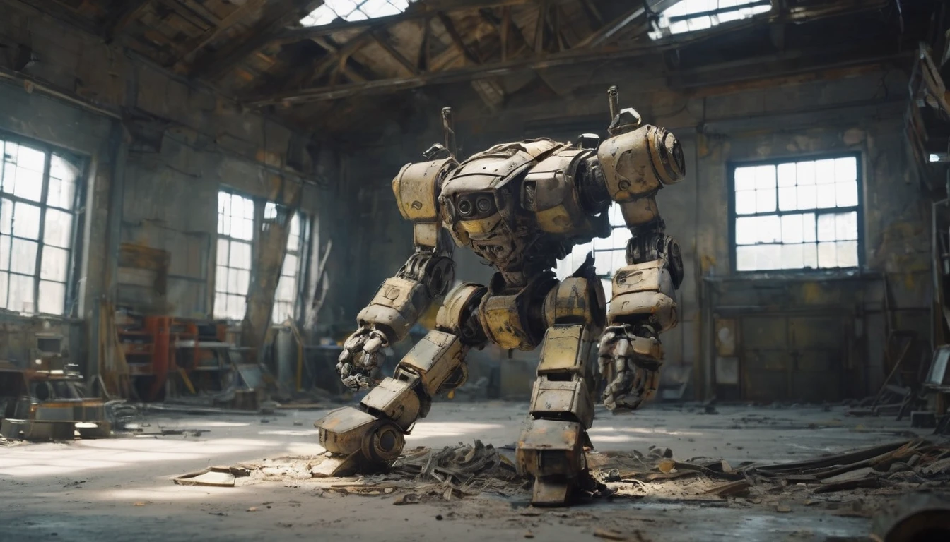 (best quality, 4k, 8k, high resolution, masterpiece: 1.2), ultra-detailed (realistic, photorealistic, photorealistic: 1.37), (in a workshop there is a large abandoned Mecha: 2.2), with rusty metal textures, broken joints and discolored paint. The robot remains standing. Sunlight filters through the broken windows, casting a soft, diffuse light over the scene. The colors are dull and desaturated. The abandoned robot appears worn and aged, its exposed wires and gears indicating his abandonment.