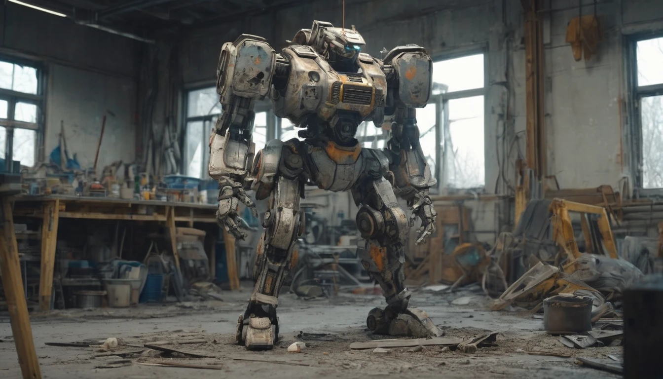 (best quality, 4k, 8k, high resolution, masterpiece: 1.2), ultra-detailed (realistic, photorealistic, photorealistic: 1.37), (in a workshop there is a large abandoned Mecha: 2.2), with rusty metal textures, broken joints and discolored paint. The robot remains standing. Sunlight filters through the broken windows, casting a soft, diffuse light over the scene. The colors are dull and desaturated. The abandoned robot appears worn and aged, its exposed wires and gears indicating his abandonment.