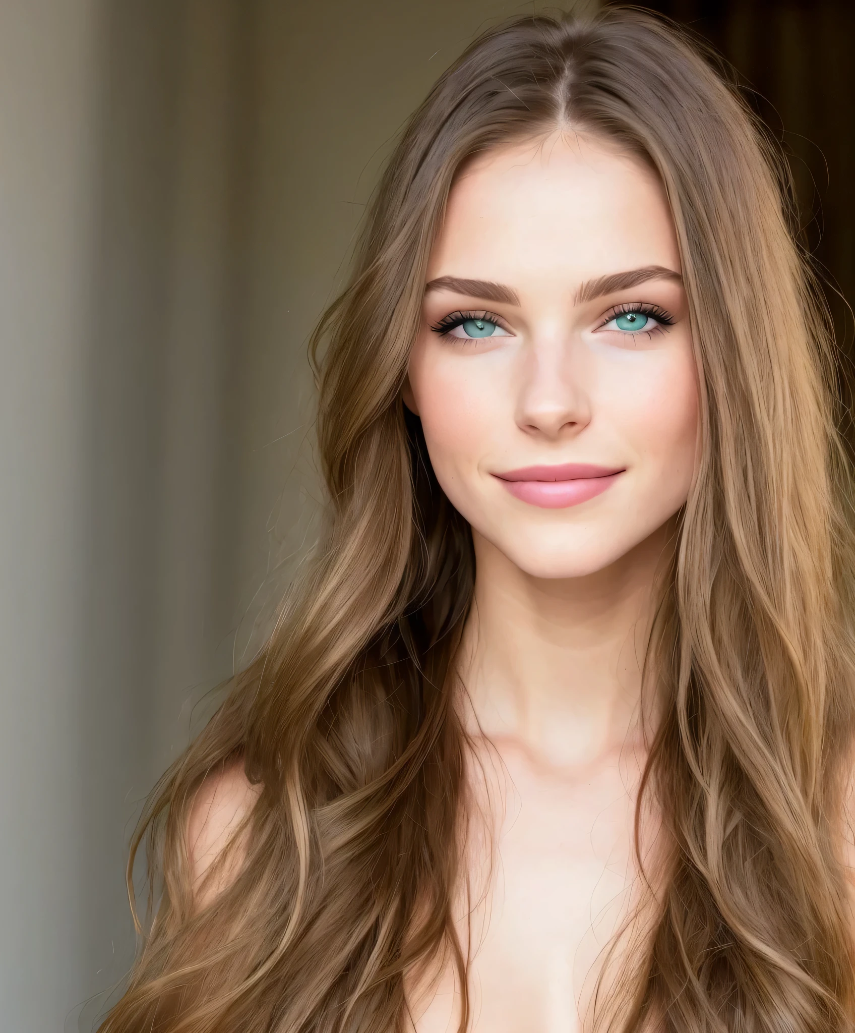 Model 18 Jahre alt, perfect green eyes, Perfekte Iris, Perfekte volle Lippen, perfect teeth, Perfekte Haus, Weiches Frontlicht, Brunette long hair. smiles