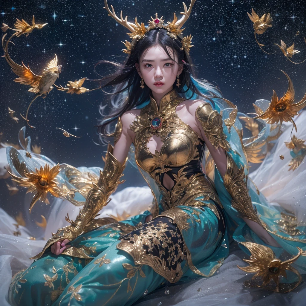 Antlers Flying Nine Tails Light Blue Heavenly Master Flame Hair Star,Moon Night black, gold and orange snake print silk trousers,Rouge Diamond Tulle Sheer Lizard Print,Girl flying in space in the snow 1:900 miniatures,Front view,pure transparency,put on boxing gloves,Wear gold-framed Reverse Light sunglasses,Panoramic super wide angle,very happy,Authentic and delicate texture,Strong visual impact,super detailed,dream girl,delicate face型,beautiful eyes,Hair floating in the air, cherry style,Zhou Xiaotong,crystal clear,Good sense of perspective,Light shadow effect,16KLight slip,surface reflected Light,flowing black hair,Water Goddess 32K,complicated,grace,Very detailed,Gorgeous,digital photography,Autumn Cowboy Shooting,Surrealism,broken ruby,defeat magic,Water magic entanglement,(masterpiece,Light,beautiful eyes:1.2),high dynamic range,void 5 energy storm,(china 1 girl,black eyes:1.5),rouge skin,Light skin,(sit on stone:1.5),delicate face,black hair,Put on Gorgeous golden armor,starry sky background,beautiful golden armor,it'it'it'It's raining,beautiful,University Teachers'Don't look at the audience,focus shift,masterpiece