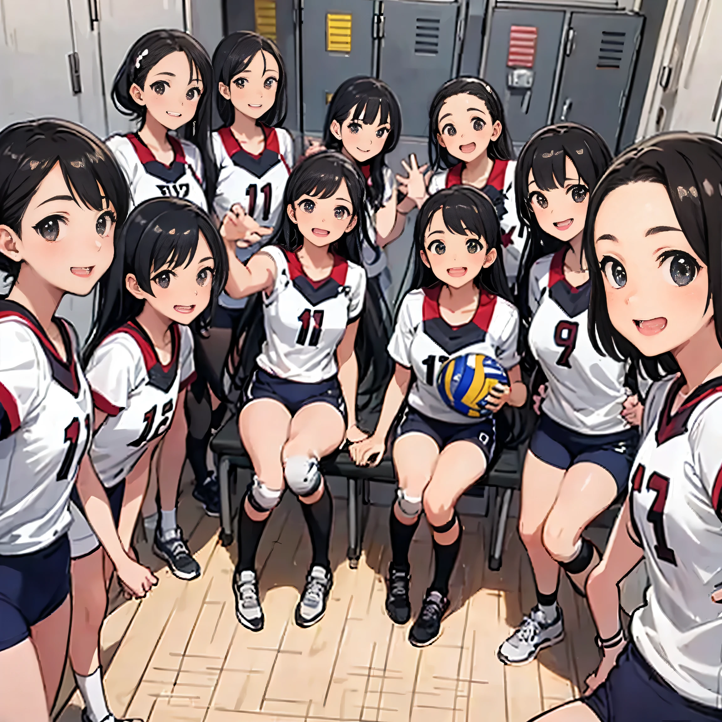 (masterpiece, high quality), (multiple girls), 18-year-old, , locker room, (volleyball uniform), (group selfie), wide angle, soft light,