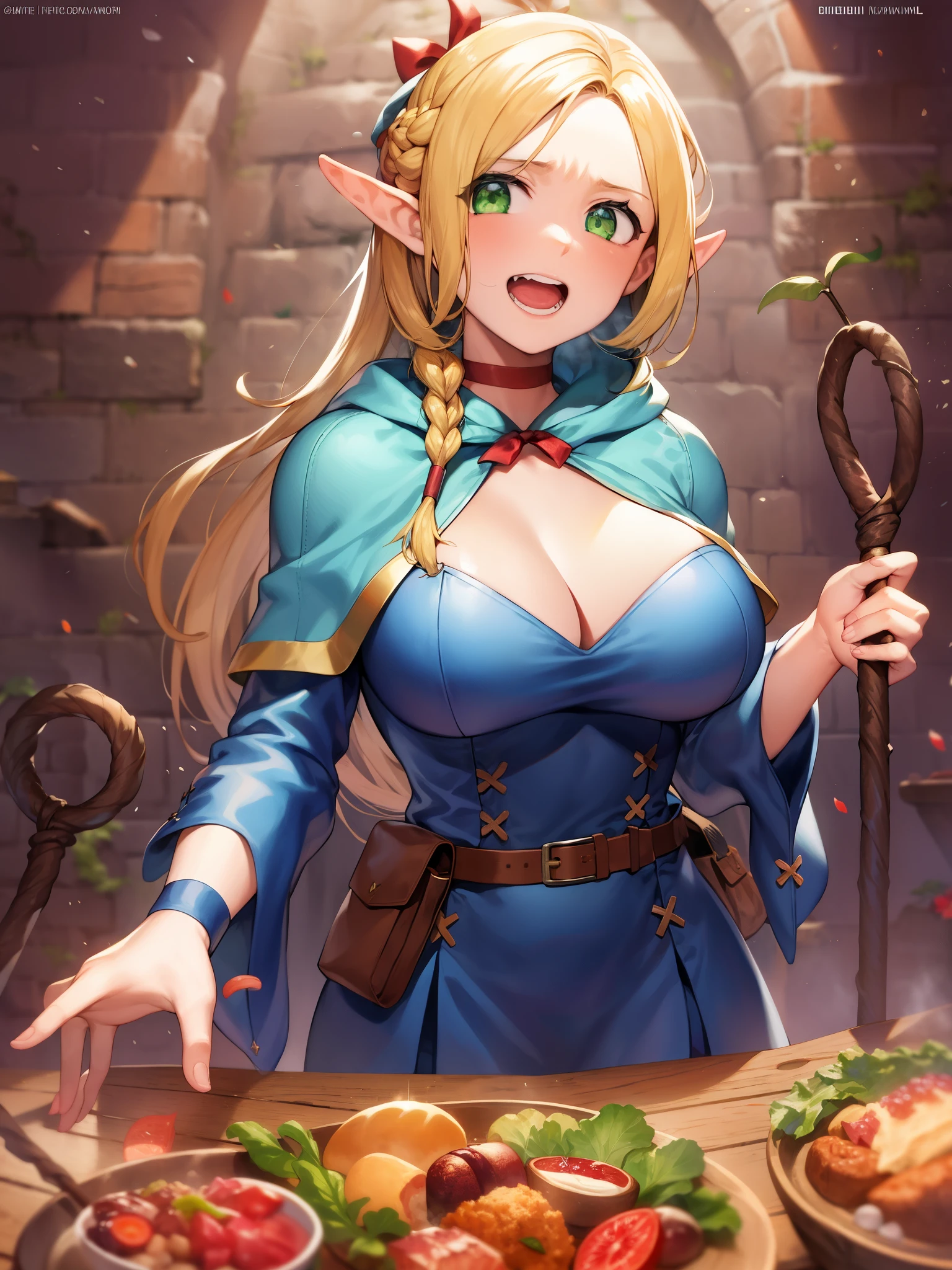 (((dungeon food))))+++、monster food、A large amount of ingredientarcil、half elf、big tits milf、big tits milf、big tits milf、The dark magician、blonde、intense joy, anger, sadness、It's a reaction comedian category.、Mr.々He continues to struggle today as a toyed with character who suffers from unusual events.。eat monster food、Starting with explosive magic、Water walking、Necromancy、Summoning、protection、recovery、reanimation、補助とrecovery、long hair、Braid、ツインBraid、pointed ears、green eyes、choker、capelet、dress、belt、Pouch、staff、Robe and cane、cowboy shot、gray background、smile、