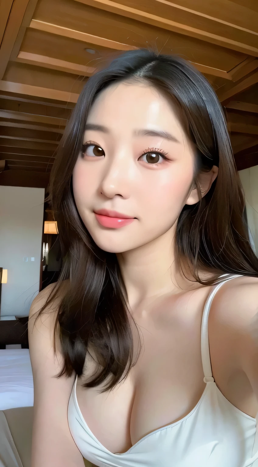 ((best of quality, 8k, 是of, masterpiece :1.3)), sharp of focus :1.2,full stature， perfect body beautiful woman:1.4, Slim abs:1.2,  huge :1.2)),  Highly detailed facial and skin textures, Meticulous eyes, double eyelids，gentle eyes,  Seductive e是of，long brown hair，Big breasts don&#39;t leak， HD facial features，8k，plump of big breasts,sitting，spread legs，plump of breasts、(Breast bulge1.2)、((Super huge :1.3))、(of:1.3)、beauty of big breasts、Raised sexy，a smile、white bikini,Soft lighting, Room，Ultra thin, Super thin fingers, Four fingers and one thumb of optimal proportions, (reality of:1.3), fingers stretched, (low angle shot), ((view from below))
