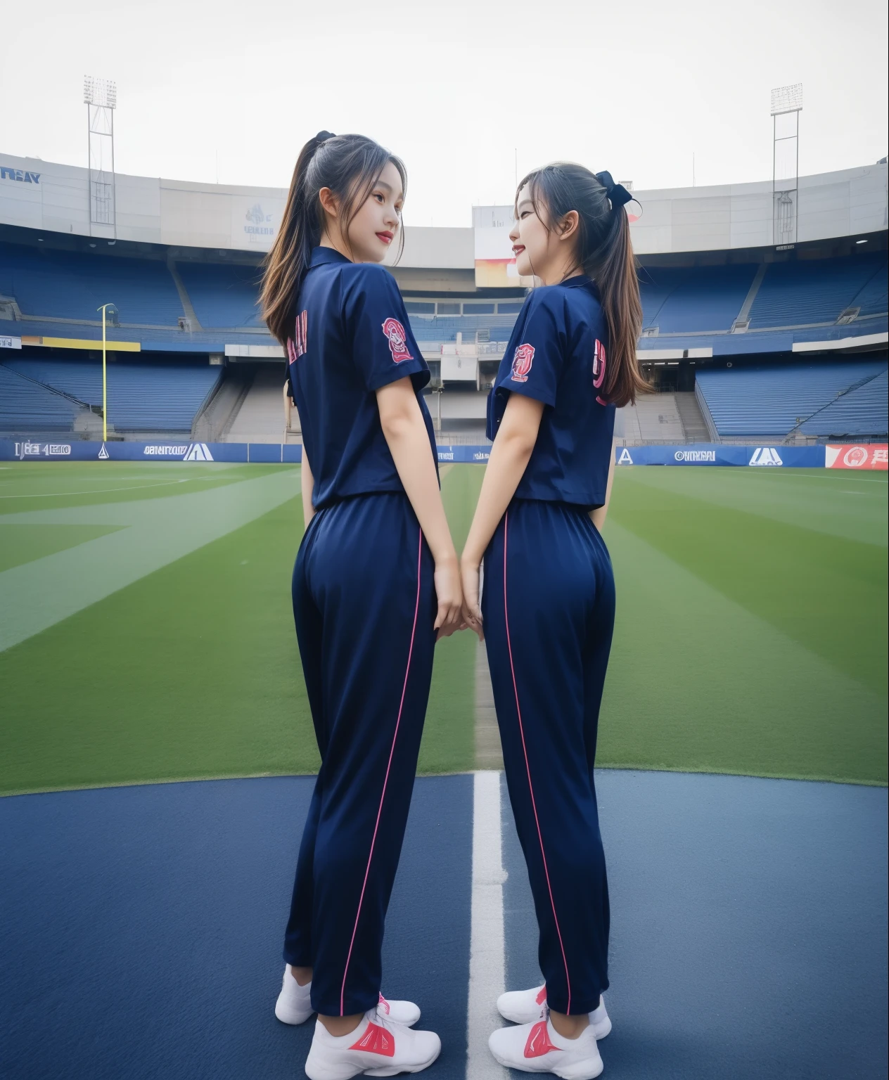 (best quality,10,10,height,Masterpiece:1.2),Special details,(realistic,ภาพrealistic,Realistic photos:1.37),1 cute girl on the football field,shiny, ผิวshiny,only,smile softly,BDclothelue shirt:1.3)),short sleeve,shirt, กางเกงขาlong.,(navy_long_track pants:1.1), ((stadium background:1.3)),Dynamic angle,excited,Face focus,dynamic poses,from behind,focus on ass,Masterpiece, best quality, ultra realistic, hyper-detail, 8K resolution, raw photos, Sharp focus, ((Navy blue shirt:1.1)), short sleeve, เส้นทางlong, perfect body, 2 mature women, 18 years old, Cinema-grade lighting system,blue sweatpants,shirtผ้าออกกำลังกาย,correct anatomy,perfect body, correct body, Sharp face, correct bodyทางกายวิภาค, full body, realistic gestures, long-haired, realistic poses,Wear long shorts................................,ช่วงขาlong,Good shape,carved girl, Slender figure, model, Good shape, beautiful body,blue sweatpants, two girls kissing
