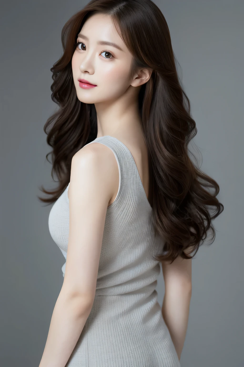 8k wallpaper、light gray background、highest quality、masterpiece、realistic、Photoreal、medium breasts、professional lighting、angle from behind、Photographed in natural light、Super detailed、30 generations、actress、thin、The hairstyle is long curly hair.、delicate skin type、emphasizes the shine of hair、look at the audience