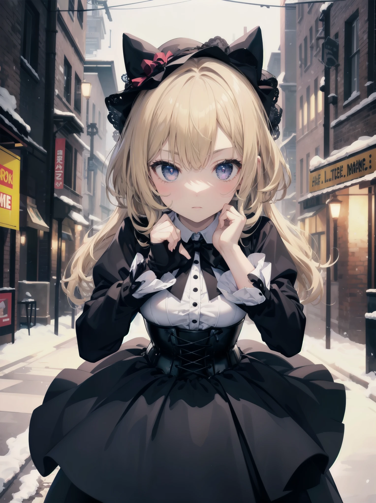 Masterpieces, high quality, high image quality.
With background: cityscape on a snowy night.A precise three-dimensional thought is used to depict buildings and cityscapes in a detailed manner. Shape: 12-year-old girl. Her hairstyle is a one-length bob, her hair colour is blonde, her hair texture is wavy. Expression and eyes: serious expression, eyes are blue, realistic and complex eyes. Clothing: Black and purple gothic clothing. Long sleeves and skirt, with corset. Pose: cute gestures, incredibly cute pose anyway Effect: focus on face from above. Style: final fantasy style.
Special elements: fantastic.