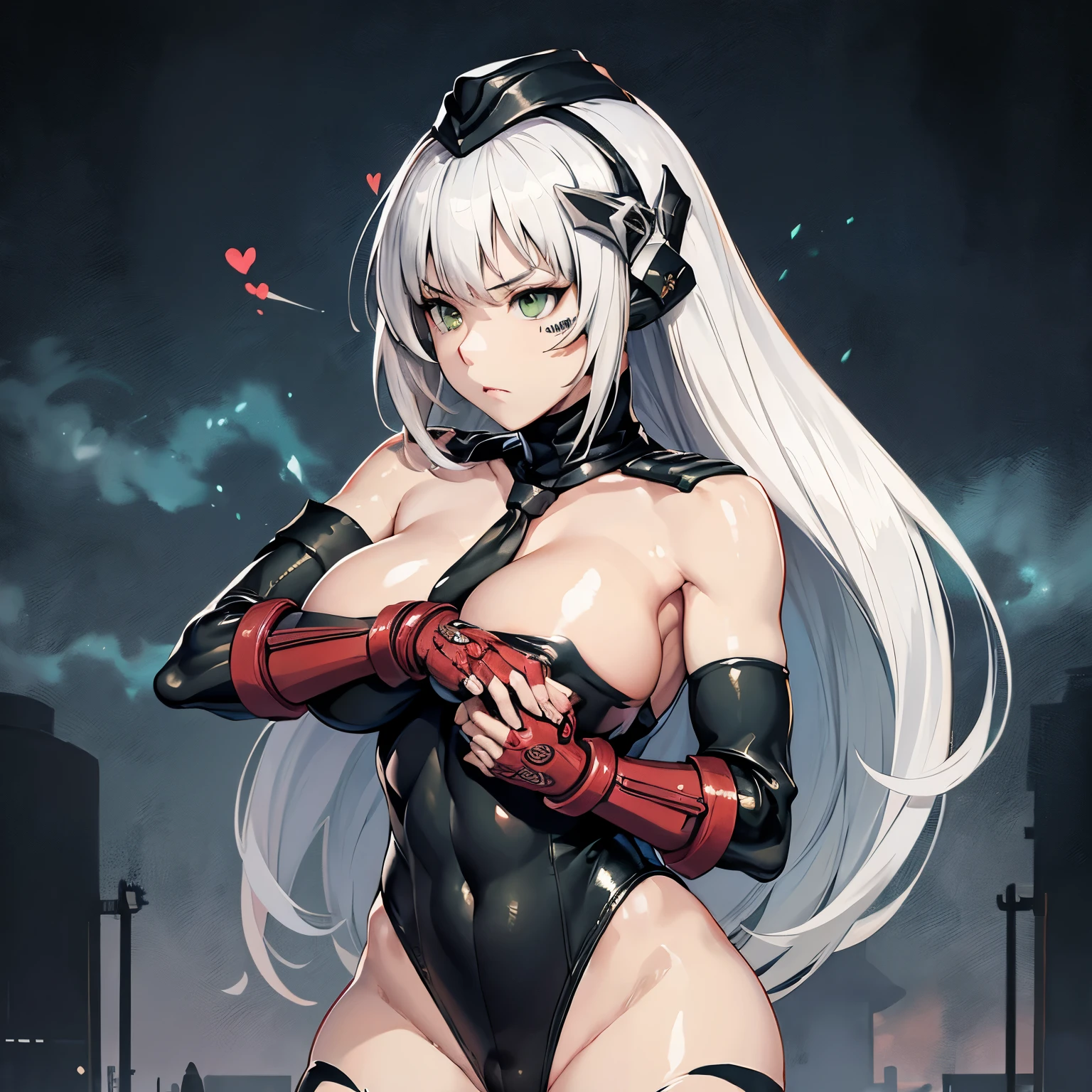 ultra-detailed, Explicit, Beautiful body, Beautiful Nose, Beautiful character design, perfect eyes, perfect face, ultra highres, 4K, beautiful legs, perfect legs, Nice hands, Perfect hand, Masterpiece, Best Quality, Highly detailed, illustration, absurdres, perfect anatomy, street fighter, doll suit, shadaloo doll, dollsuit, expressionless, blank eyes, looking at viewer, red gloves, emotionless, black latex, corrution, mind control, female combatant, full body, hypnotized, unhappy trance, full body suit, ribbed bodysuit, both arms at side, obey, perfect female body, extremely glossy latex, hypnosis, hypnoLora, empty eyes, Mind control device, poses, submissive_pose, Slave, standing straight, standing, standing at attention, hat, necktie, belt, latex, ribbed bodysuit, thighhighs, garter belt, Fighting Stance, extending the right arm from the shoulder into the air with a straightened hand, military, thigh boots, black pantyhose, (((pixel-perfect, detail-perfect))), solo, 1girl, hair ornaments, long hair, white hair, green eyes, Gager, Girls' Frontline, huge breast, salute, saluting, military saluting