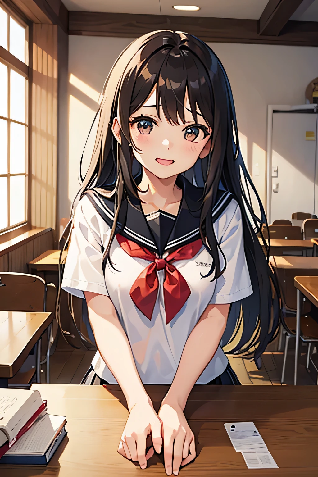 ((table top, highest quality, High resolution, nffsw, perfect pixel, 4k,nffsw,nffsw))),1 girl、laughter、shirt、skirt、()Chirarism、Japanese high school uniform、sailor suit、summer clothes、Uniform soaked in a squall、sheer bra、(upper body portrait)、black hair、