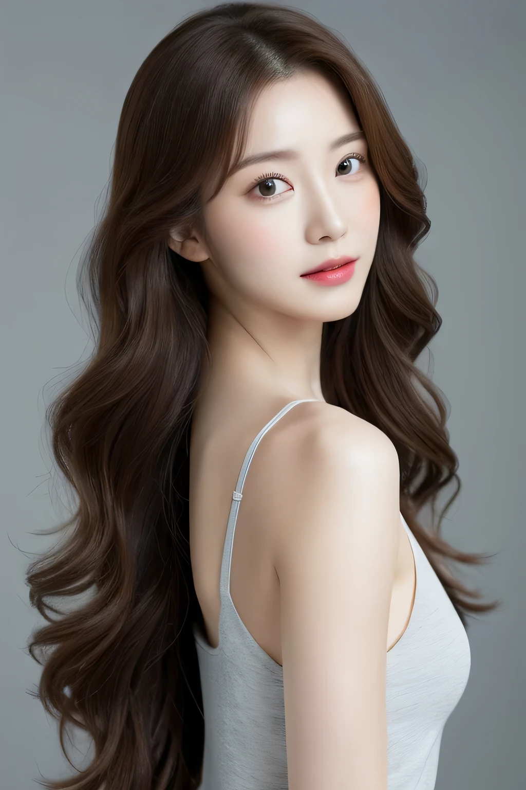 8k wallpaper、light gray background、highest quality、masterpiece、realistic、Photoreal、medium breasts、professional lighting、angle from behind、Photographed in natural light、Super detailed、30 generations、actress、thin、The hairstyle is long curly hair.、delicate skin type、emphasizes the shine of hair、look at the audience