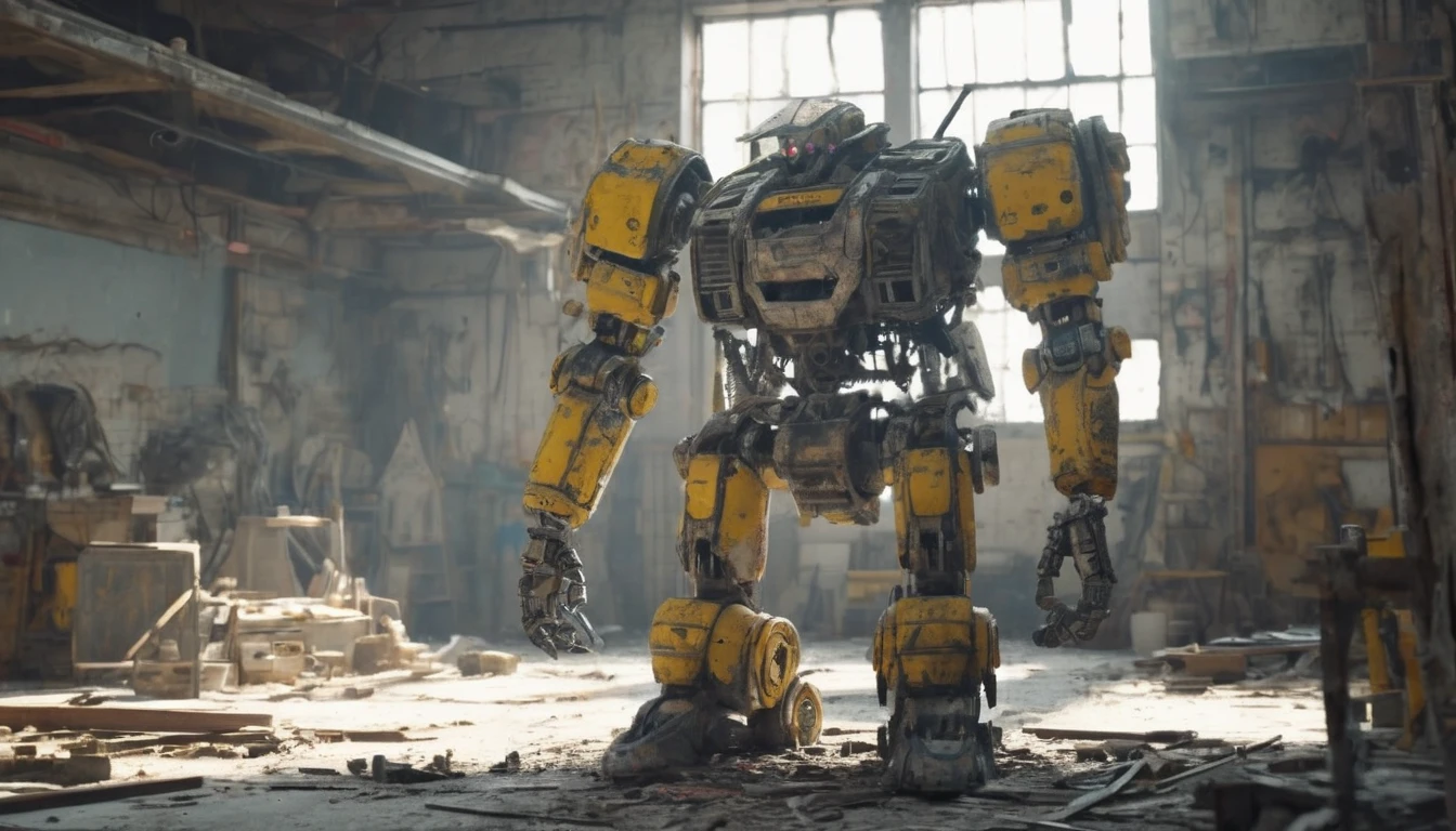 (best quality, 4k, 8k, high resolution, masterpiece: 1.2), ultra-detailed (realistic, photorealistic, photorealistic: 1.37), (in a workshop there is a large abandoned Mecha: 2.2), with rusty metal textures, broken joints and discolored paint. The robot remains standing. Sunlight filters through the broken windows, casting a soft, diffuse light over the scene. The colors are dull and desaturated. The abandoned robot appears worn and aged, its exposed wires and gears indicating his abandonment.