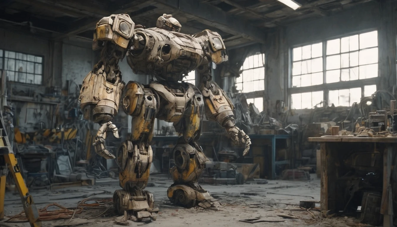 (best quality, 4k, 8k, high resolution, masterpiece: 1.2), ultra-detailed (realistic, photorealistic, photorealistic: 1.37), (in a workshop there is a large abandoned Mecha: 2.2), with rusty metal textures, broken joints and discolored paint. The robot remains standing. Sunlight filters through the broken windows, casting a soft, diffuse light over the scene. The colors are dull and desaturated. The abandoned robot appears worn and aged, its exposed wires and gears indicating his abandonment.