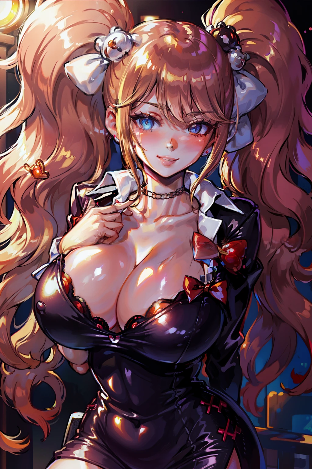 blush, cleavage,glowing aura, natural light, masterpiece, glossy skin, juicy lips , ,sexy, hot, , cleavage, evil,juicy lips, bimbo, hour glass, brown hair, red eyes, wide eyes, red eyes, massive , long hair, chains, shadow in eyes, bright blush, heart in eyes, ,((wide smile)),, brainwash,, standing, latex, amber lighting