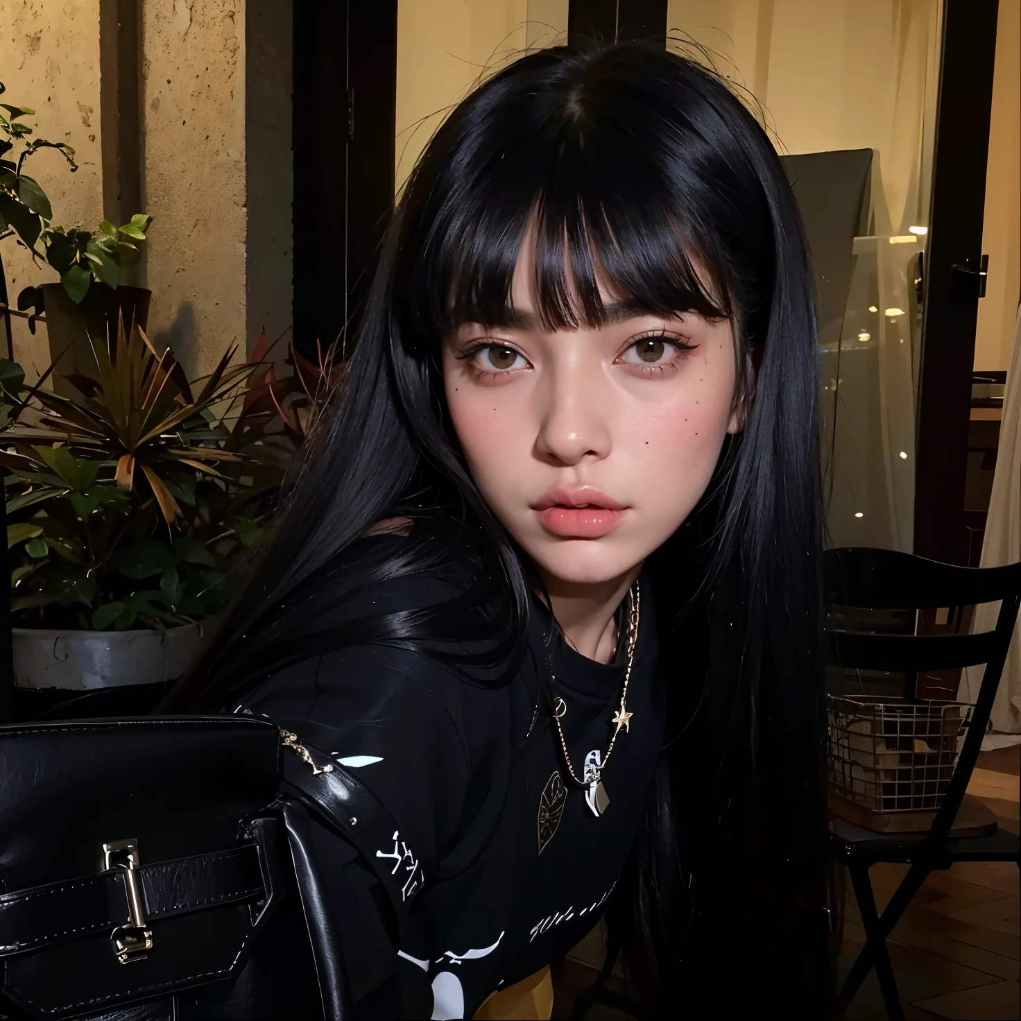 There is a woman with long black hair and a necklace in, cabelos pretos e olhos grandes, lindo rosto latino, 18 anos, garota persa de pele clara, thick lips, Violeta Myers, Parece Fabiula Nascimento, imagem de perfil, lorde, mulher com longos cabelos pretos, 1 6 anos, cabelo preto ondulado, pele de azeitona