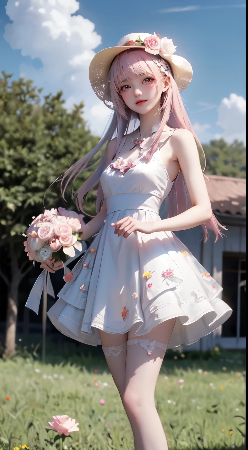 ((masterpiece, best quality)), 1girl, flower, solo, dress, holding, sky, cloud, hat, outdoors, bangs, bouquet, rose, expressionless, blush, pink hair, flower field, red flower, pink eyes, white dress, looking at viewer, midium hair, holding flower, small breasts, red rose, holding bouquet, sun hat, white headwear, depth of field