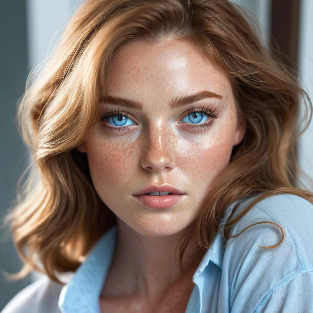 light brown hair, textured skin, super detail, high quality, UHD, highres, high details, anatomically correct, photo of beautiful age 19, beautiful, upper body, light blue eyes, fit girl, freckles sexy, only wearing a oversized shirt