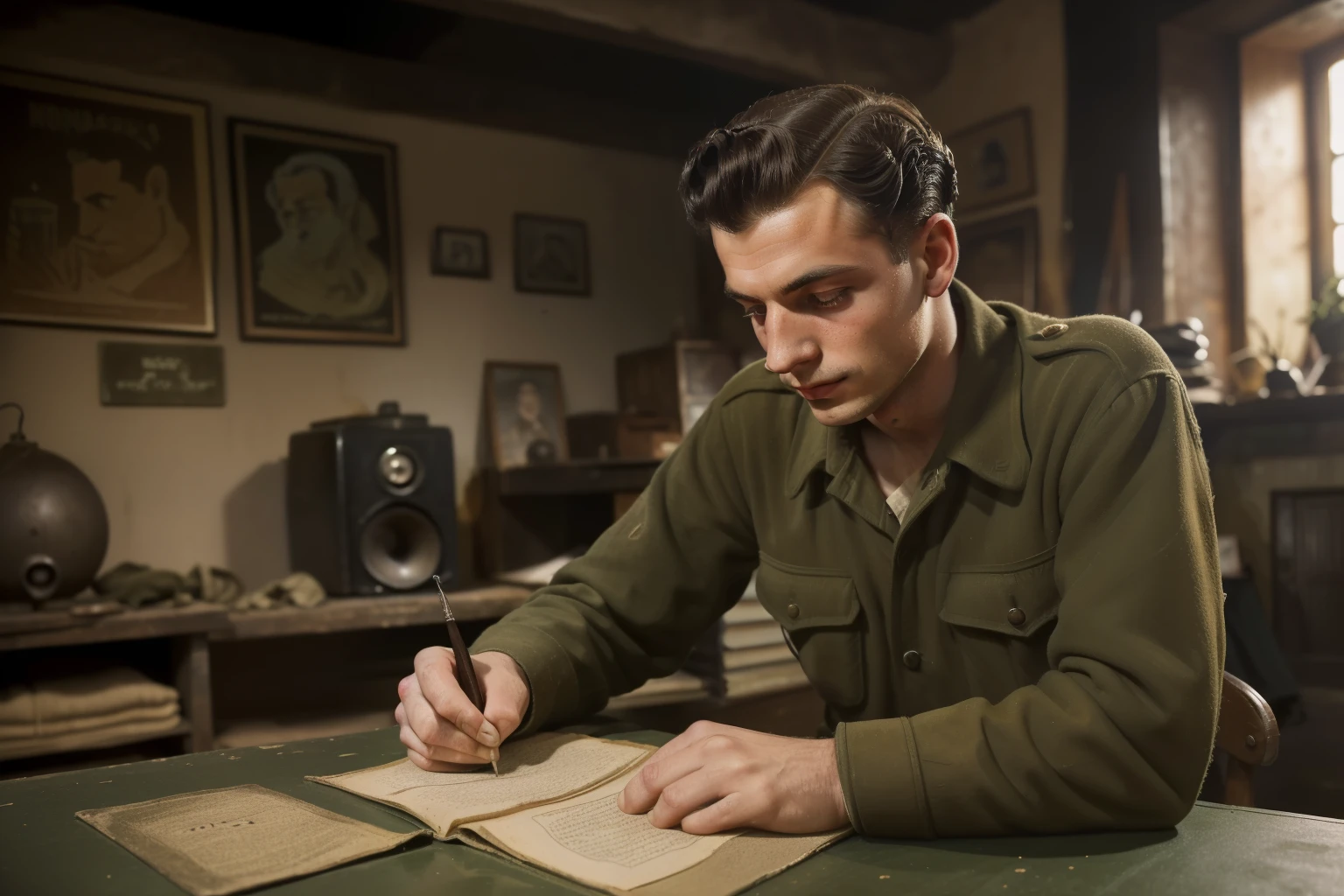 Molching, Germany, 1941. ((((25-year-old)) Max Vandenburg)), swampy eyes, thin, jew, cunning, crafty, sharp features, in the basement, drawing, illustrating a book. ((((casual poor clothings from the 1940s)))), ((dark hairstyle of the 1940s))