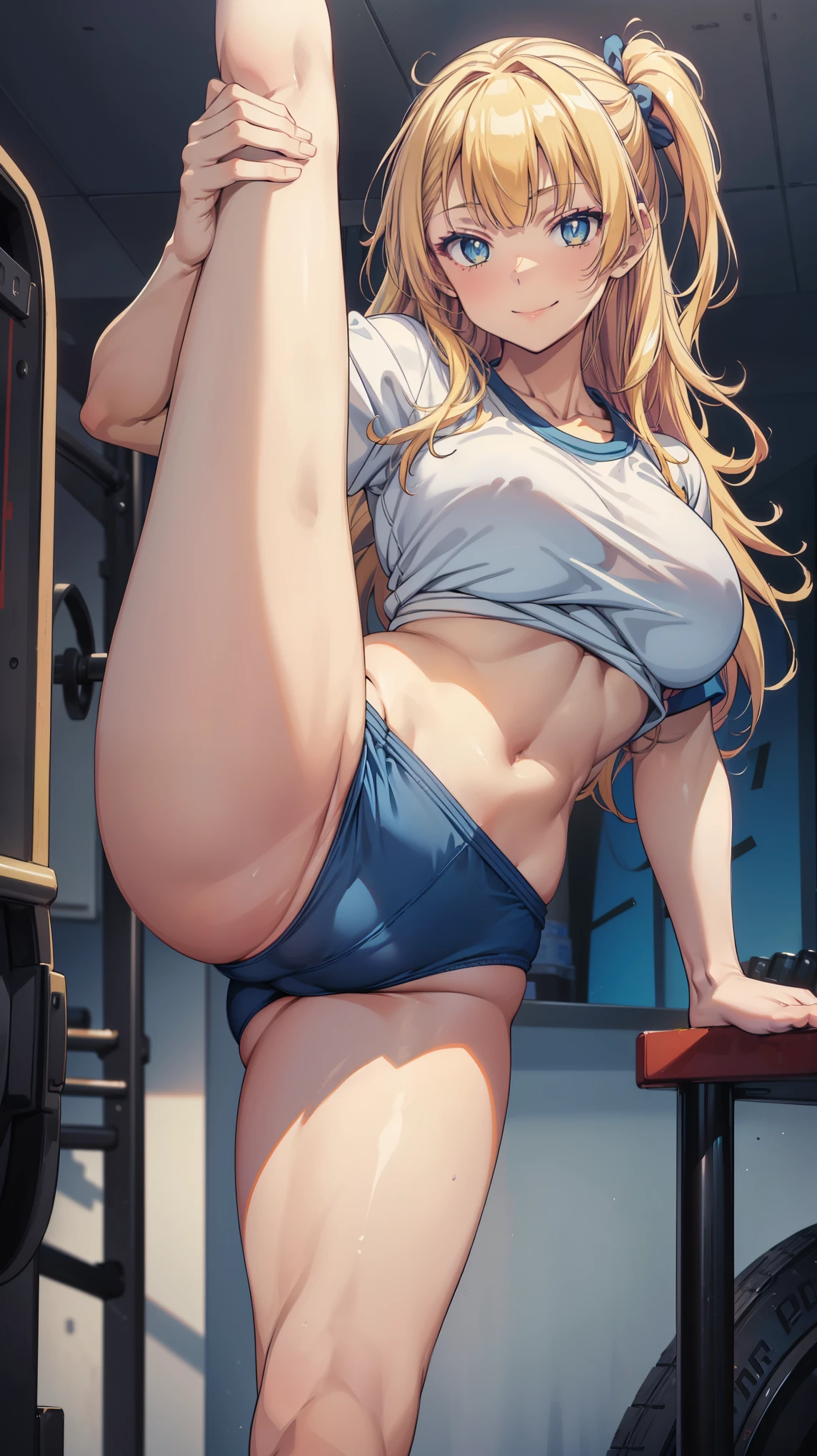 nsfw,1 girl, Galko,blond hair,looking at the viewer,(seductive smile), standing,cowboy shot,curvy,huge breasts,(white gym uniform,dark blue buruma:1.5),dynamic pose,(standing on one leg, leg lift, standing split:1.5),ass focustop-quality,Top image quality,perfect anatomy,masterpiece,ultra-detailliert,Beautiful、ultra-quality, best quality,high resolution, ultra-detailed,game cg,dutch angle ,beautiful detailed eyes, visualart,five fingers, perfect hands