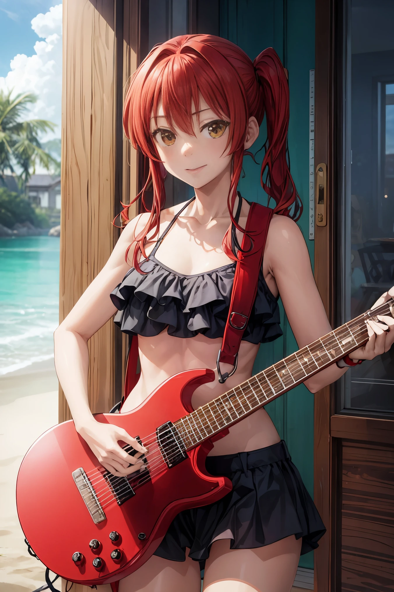 kita Ikuyo, sole, red hair, bikini, home, holding a guitar, happy, eye contact