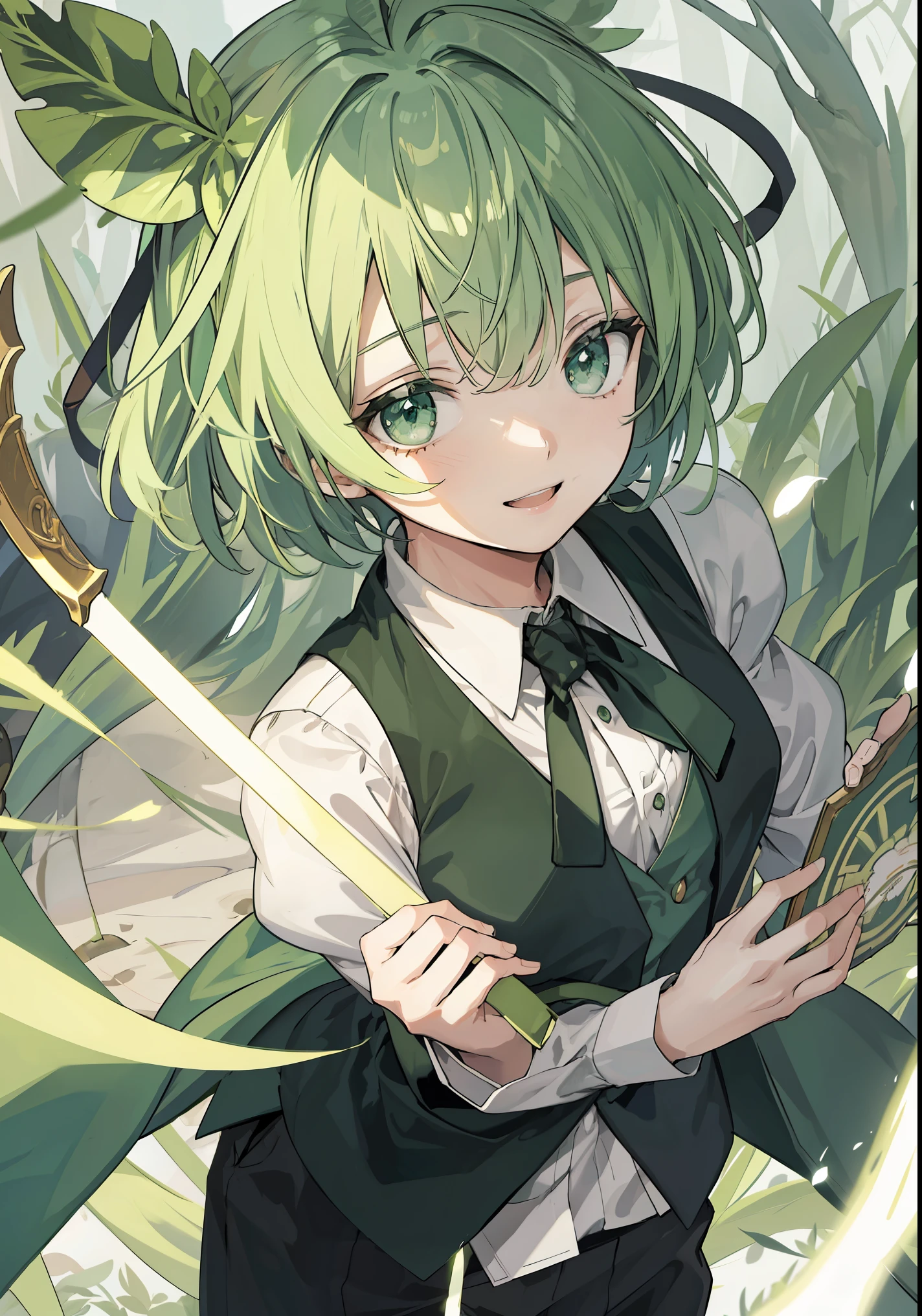 big green ribbon on head、(fantasy:1.4), (anime), ((Highly detailed 8K illustrations)), High resolution, (Highly detailed and beautiful background), Super precise painting, professional illustration, A big smile、smile、smiling、Super precise depiction, Super detailed depiction, (beautiful and aesthetic:1.2), HDR, (Depth of the bounds written:1.4), (girl), (bad no tabi), (bad \(bad no tabi\)), Little, big green ribbon on head、Big Ahoge、green hair, green eyes, kind, small breasts, short hair, green uniform、black vest, black long pants,tie, , white shirt, smile, character focus, panty shot,