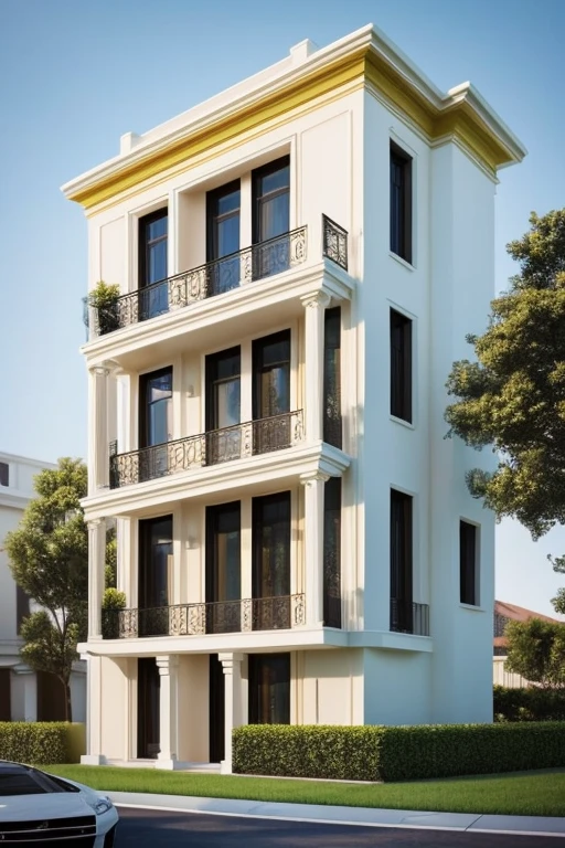 modern house, a rendering of a two story building with a balcony and a balcony, neo - classical style, neoclassical tower with dome, highly rendered!!, exterior design, overall architectural design, watch tower, the flower tower, front view, tower, tall entry, artistic rendition, inter dimensional villa, sunlight, an architectural, neo-classical, neo - classical, glasses wall, 8K solution, not yellow, black wall