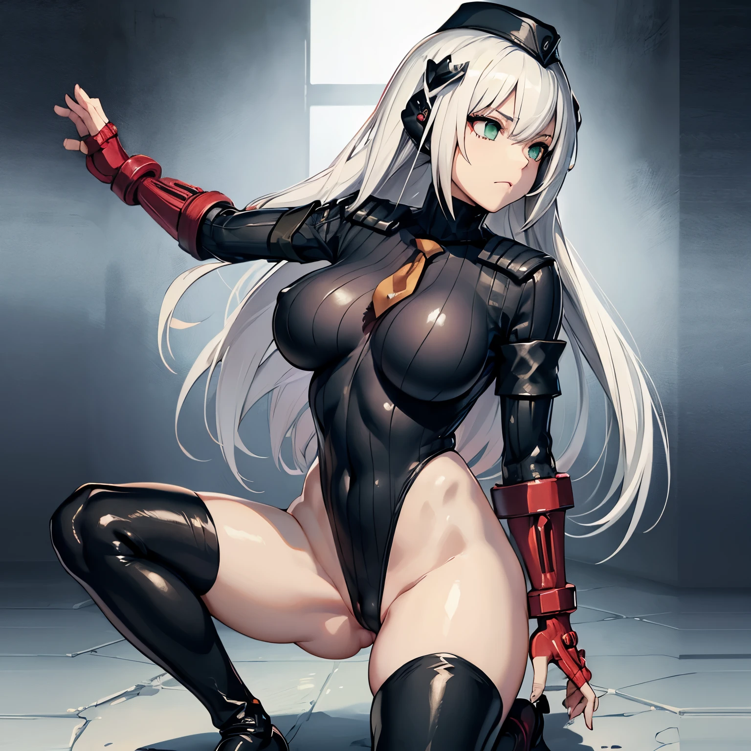 ultra-detailed, Explicit, Beautiful body, Beautiful Nose, Beautiful character design, perfect eyes, perfect face, ultra highres, 4K, beautiful legs, perfect legs, Nice hands, Perfect hand, Masterpiece, Best Quality, Highly detailed, illustration, absurdres, perfect anatomy, street fighter, doll suit, shadaloo doll, dollsuit, expressionless, blank eyes, looking at viewer, red gloves, emotionless, black latex, corrution, mind control, female combatant, full body, hypnotized, unhappy trance, full body suit, ribbed bodysuit, both arms at side, obey, perfect female body, extremely glossy latex, hypnosis, hypnoLora, empty eyes, Mind control device, poses, submissive_pose, Slave, (((all fours))), hat, necktie, belt, latex, ribbed bodysuit, thighhighs, garter belt, Fighting Stance, extending the right arm from the shoulder into the air with a straightened hand, military, thigh boots, black pantyhose, (((pixel-perfect, detail-perfect))), solo, 1girl, hair ornaments, long hair, white hair, green eyes, Gager, Girls' Frontline, huge breast
