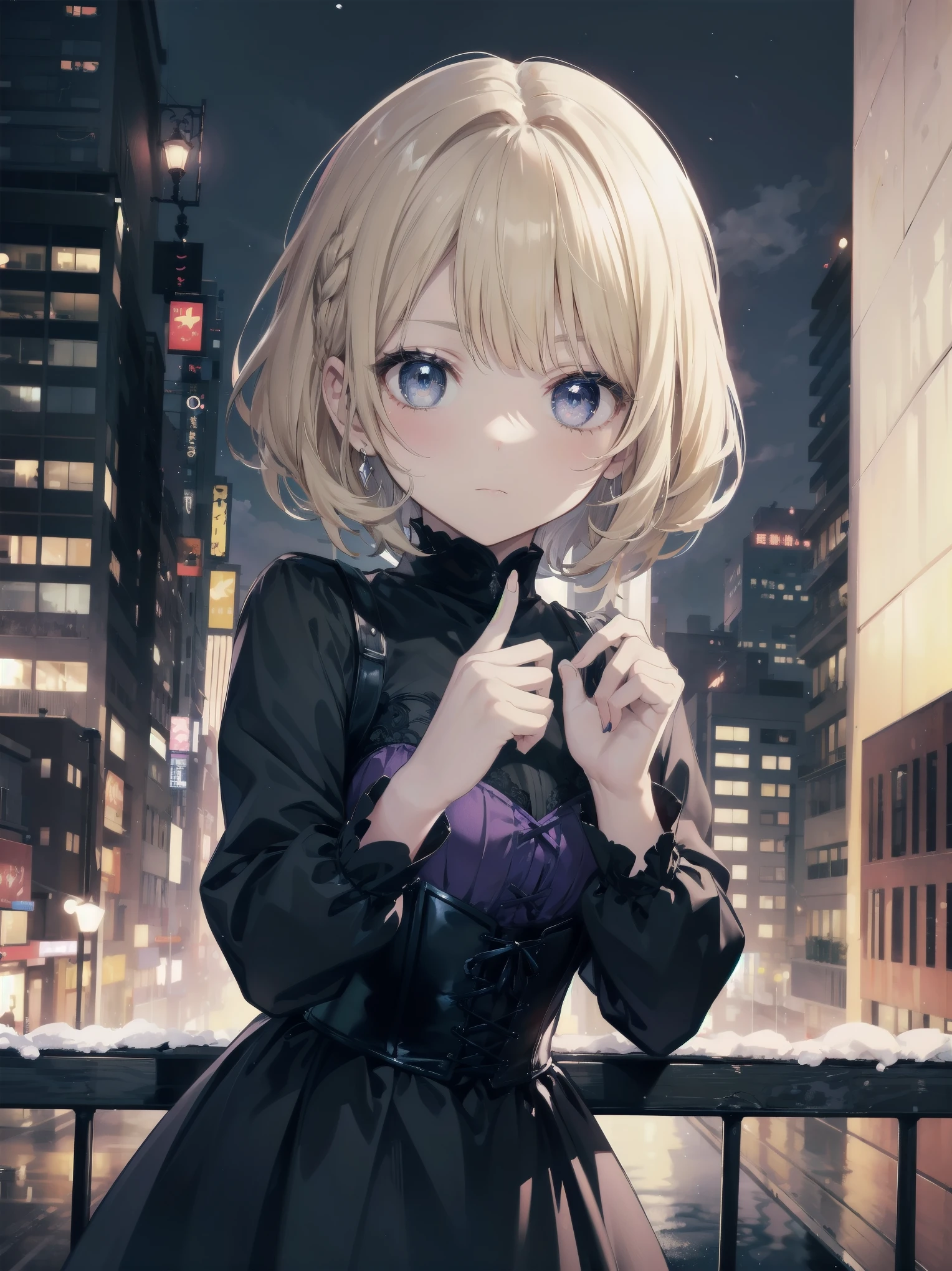 With background: snowy night cityscape。Detailed drawings of buildings and cityscapes using precise three-dimensional thinking。
shape:  girl。The hairstyle is a one-length bob、hair color is blonde、Hair is wavy。
expression and eyes: serious expression、eyes are blue、Realistic and complex eyes。
clothing: black and purple gothic clothes。long sleeves and skirt、Corset available。
Pause：cute gesture、とにかく信じられないほど可愛いPause
効果:Focus on the face from above。
style: Final Fantasy style special elements：I never have