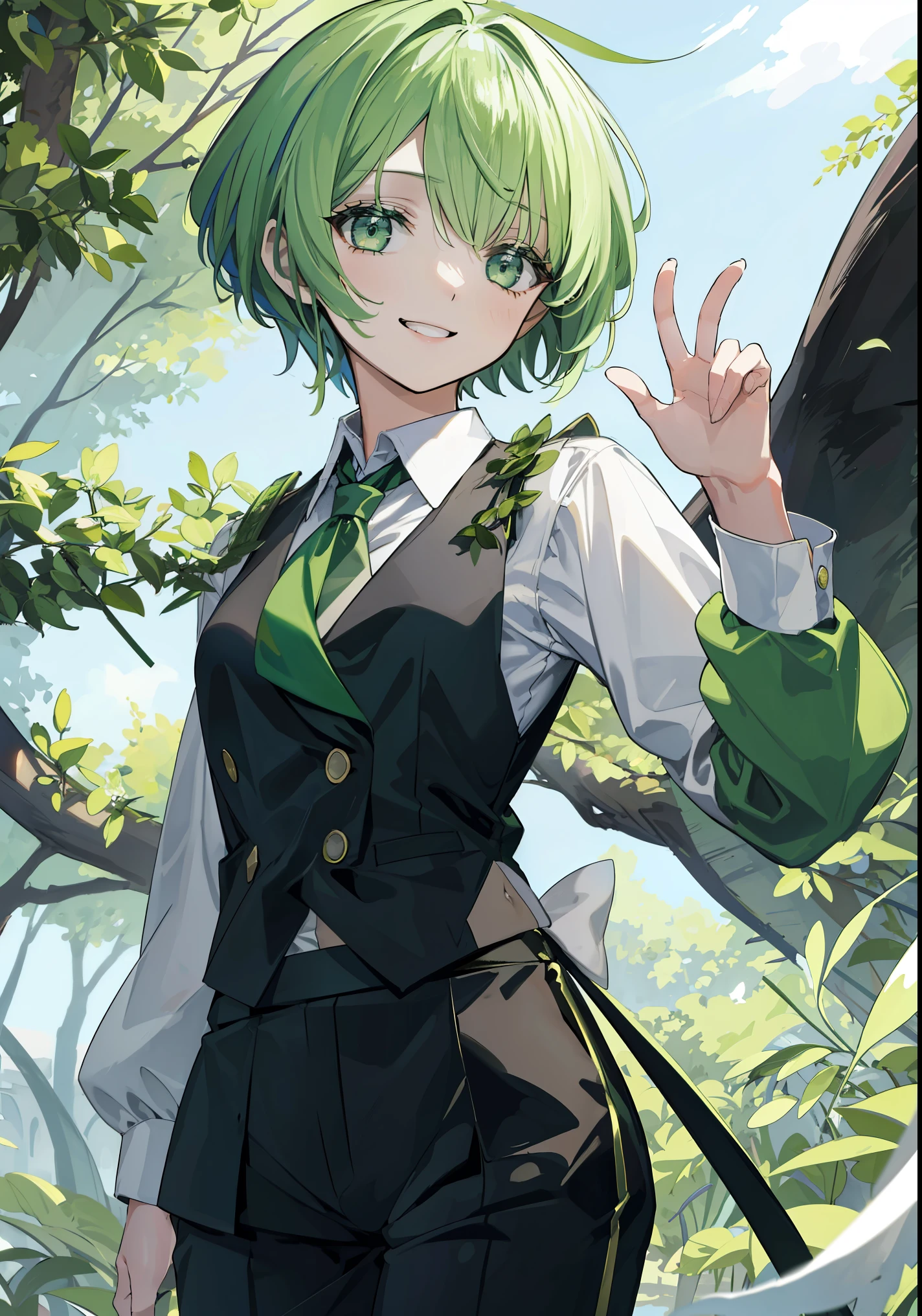  big green ribbon on head、(fantasy:1.4), (anime), ((Highly detailed 8K illustrations)), High resolution, (Highly detailed and beautiful background), Super precise painting, professional illustration, A big smile、smile、smiling、Super precise depiction, Super detailed depiction, (beautiful and aesthetic:1.2), HDR, (Depth of the bounds written:1.4), (girl), (bad no tabi), (bad \(bad no tabi\)), Little, big green ribbon on head、Big Ahoge、green hair, green eyes, kind, small breasts, short hair, green uniform、black vest, black long pants,tie, , white shirt,  smile, character focus, panty shot,