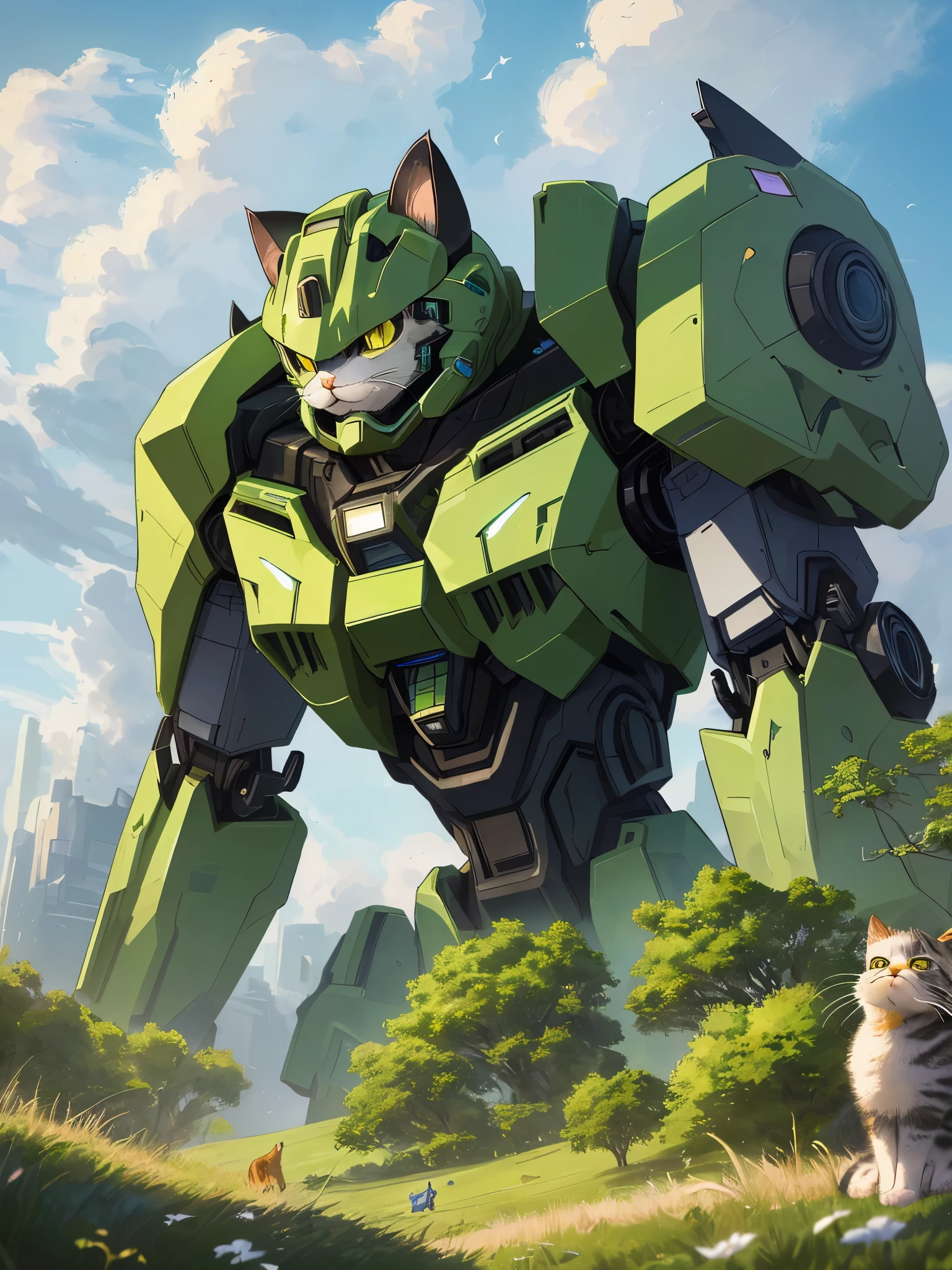 Unorganized solutions, High resolution, (masterpiece: 1.3), hyper detail, Mecha, (((cat design))),Green armor, floating in the sky (1.8) Against the background of blue sky and white clouds