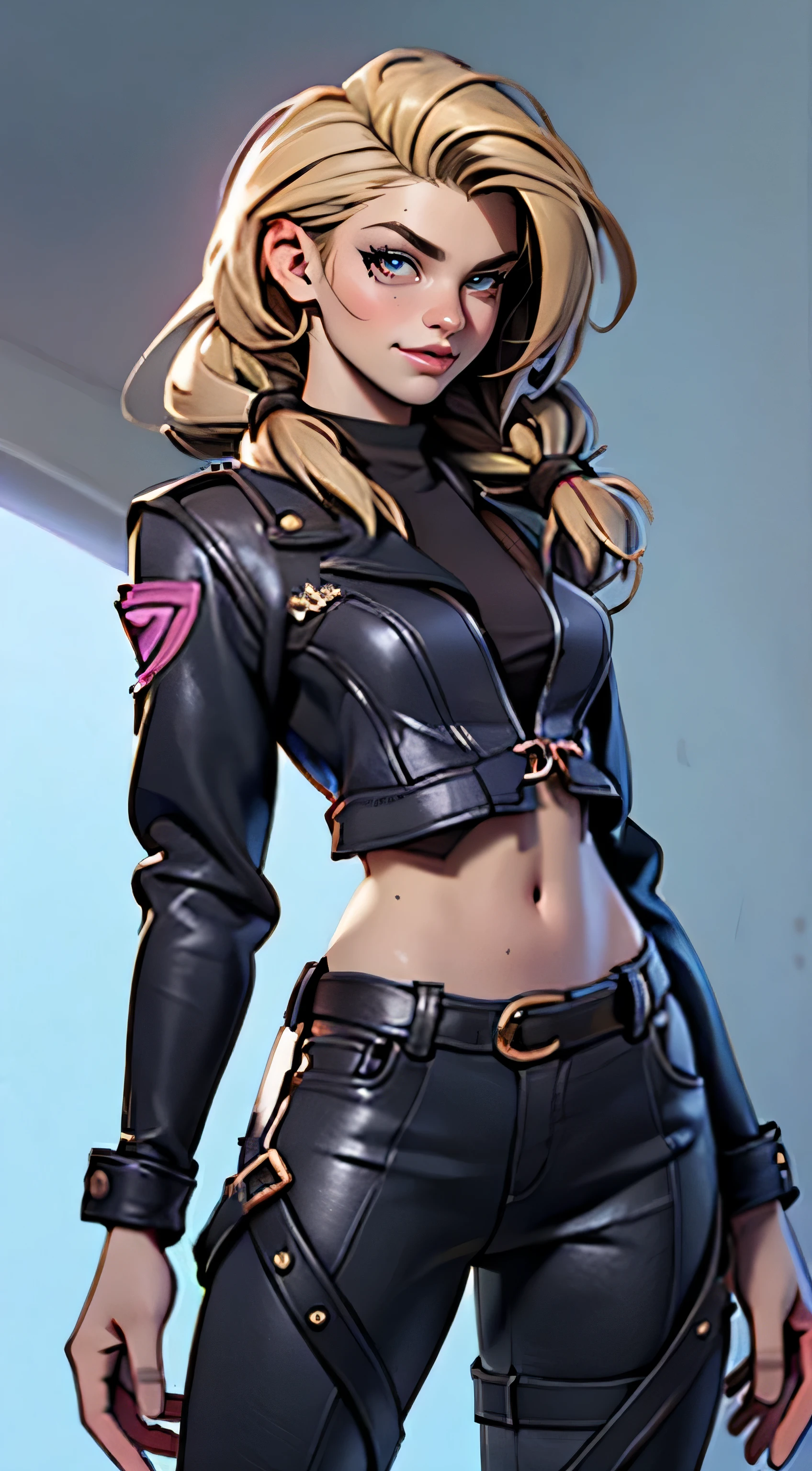 11:23(((best quality: 1.4))),(Unparalleled masterpiece), (ultra high definition),(Hyper-realistic 8K CG)、（wave），（One hand moves），（light hair），（Braids）， ((( Body))), (((1 girl in))), 25-year-old American soldier with perfect Body,,Beautiful and well groomed face,muscular Body:1.2,Pure Purple with details，red，jacket, (Pictures from head to thighs)， Complex equipment, Purple，trousers，The clothes inside are dark，Clothes with armored metal electronic parts, poison tattoo )