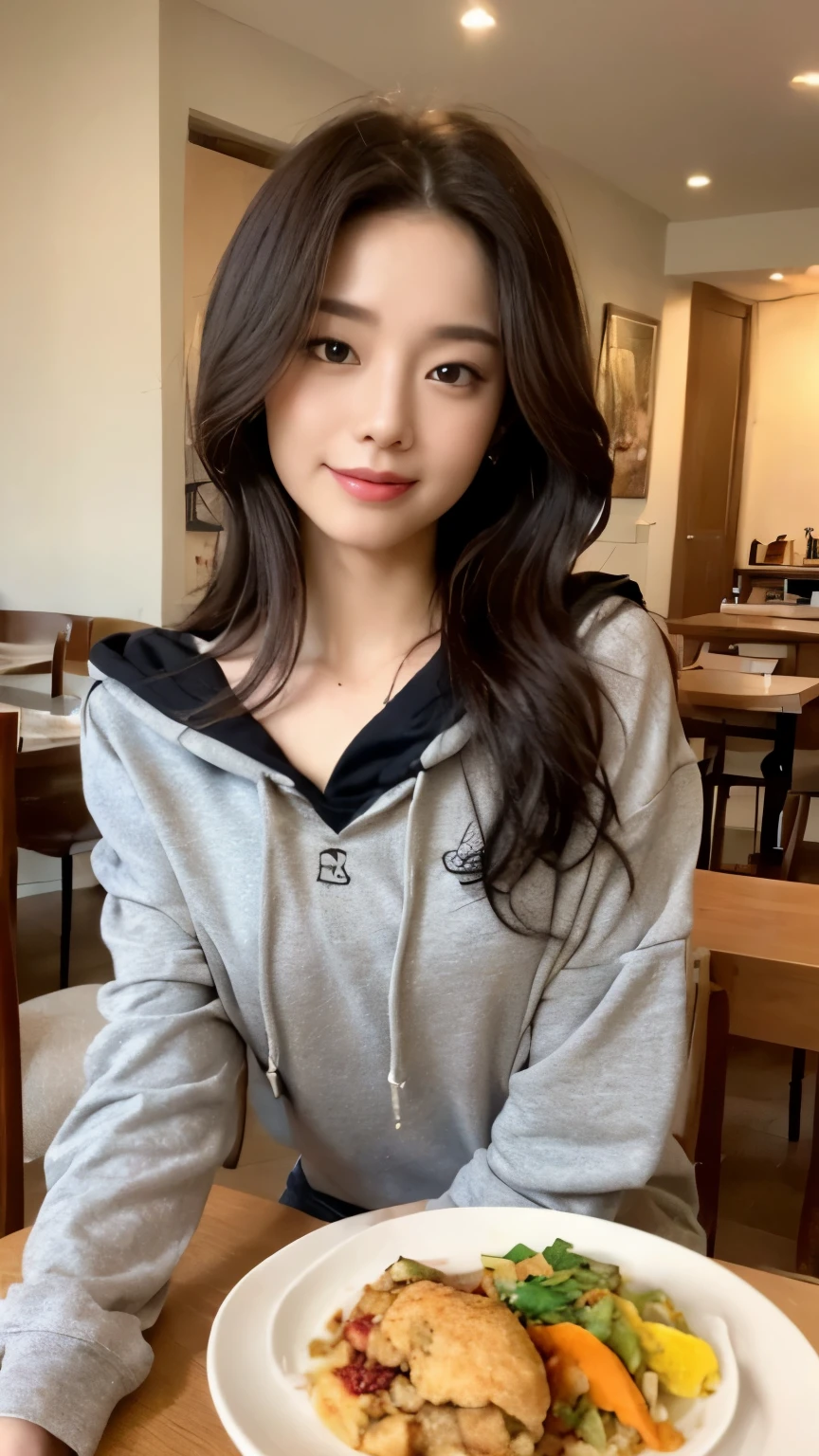 ((top-quality、8k、​masterpiece:1.3))、Beautiful woman with perfect body:1.4、slim abdomen:1.2、Longhair, normal breast, Highly detailed facial and skin texture, A detailed eye, delicate eyes, double eyelid, (smile), (full body shot), ((restaurant 1.2)), (sitting on chair), ((wearing hoodie)), looking in front,  (food on table)