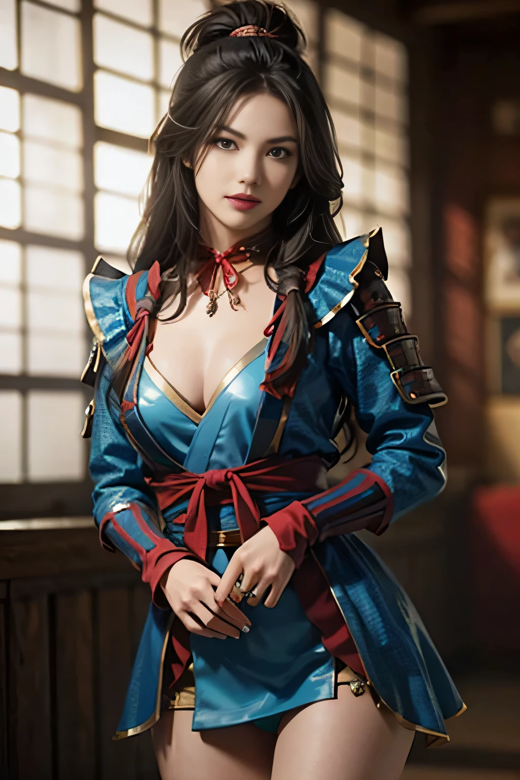 beautiful woman, (((naked))), medium shot,  (bare body)3.0, (naked)3.0, (crotch is visible)3.0, open genital, (dark hair on crotch)4.0, (bush pubic hair)6.0 , (bush hair at pussy)4.0, high quality, upper japanese armour, inside japaanese castle,