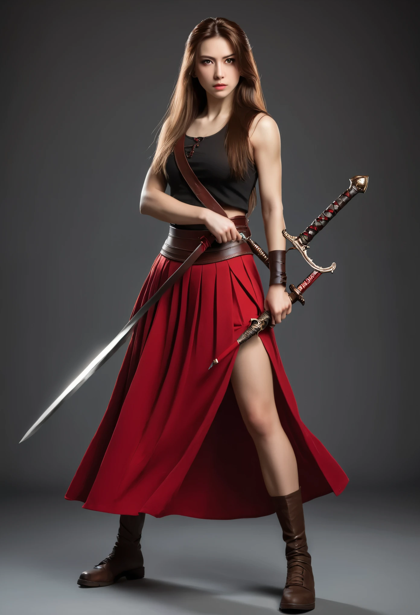 a strong woman, with red eyes, with long brown hair, wearing sleeveless red skirt, holding a sword, full side body view