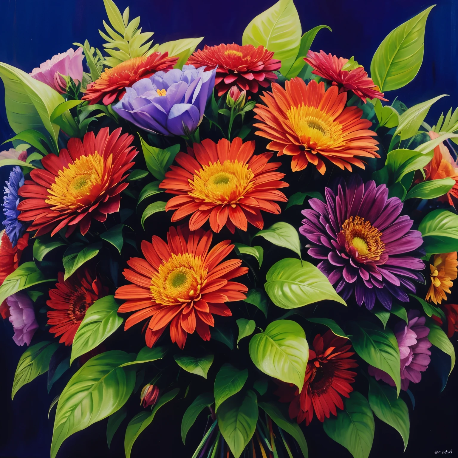 Very psychedelic oil painting of a bouquet of flowers