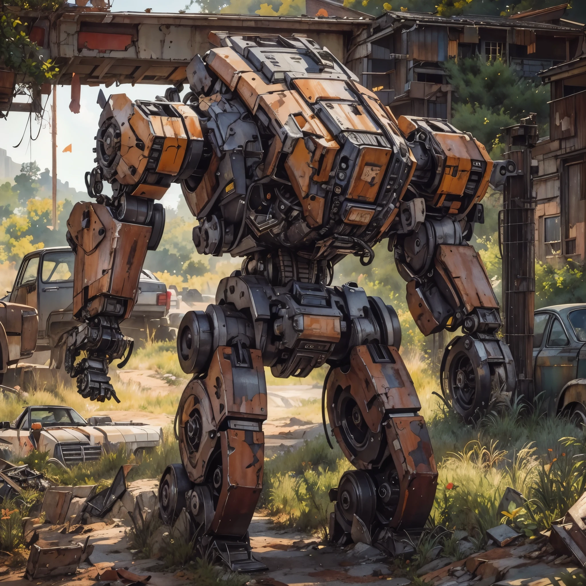 rusty Mecha, dead laying mecha, Abandoned Mech, {broken mecha:1.5}, in junkyard, scrapped, bushes, grass, {rusted. rust, rusty:1.5}, (anime:1.9), (watercolor, high detail, cinematic lighting, god rays, ray tracing, reflection light, backlighting, drop shadow, bokeh, UHD, retina, masterpiece, anatomically correct, super detail, high details, high quality, highres, best quality, 4K, 1080P, 8k