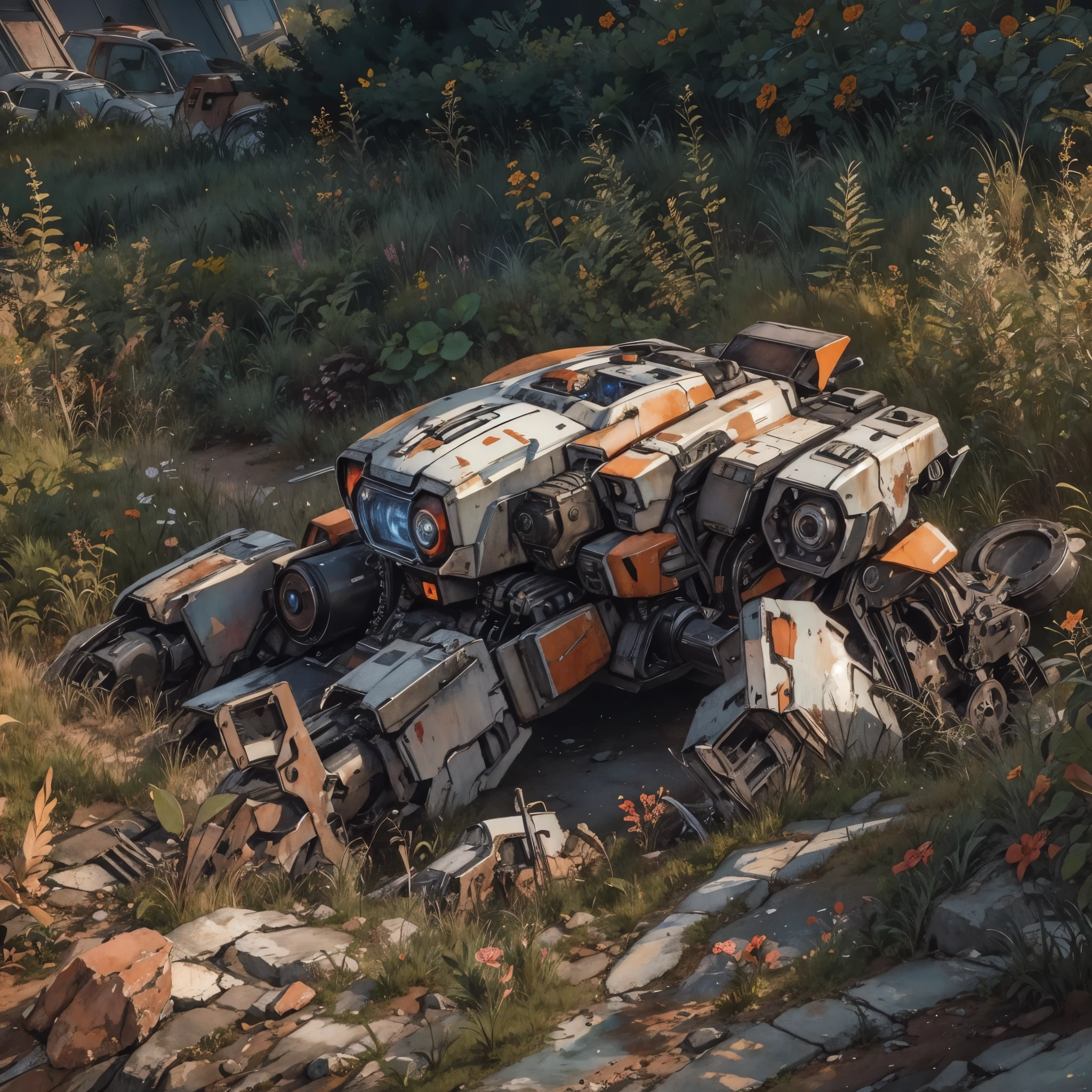 rusty Mecha, dead laying mecha, Abandoned Mech, {broken mecha:1.5}, in junkyard, scrapped, bushes, grass, {rusted. rust, rusty:1.5}, (anime:1.9), (watercolor, high detail, cinematic lighting, god rays, ray tracing, reflection light, backlighting, drop shadow, bokeh, UHD, retina, masterpiece, anatomically correct, super detail, high details, high quality, highres, best quality, 4K, 1080P, 8k