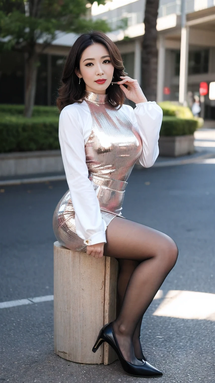 short sword,wavy and long hair,Tight long sleeves,longer sleeves,skirt that wraps around the hips,,heavy makeups,Redlip,white skinned,mature, being thin,very Bigger breasts,legs long,The whole body can be seen,Ultra-thin flesh-colored pantyhose,On the roof