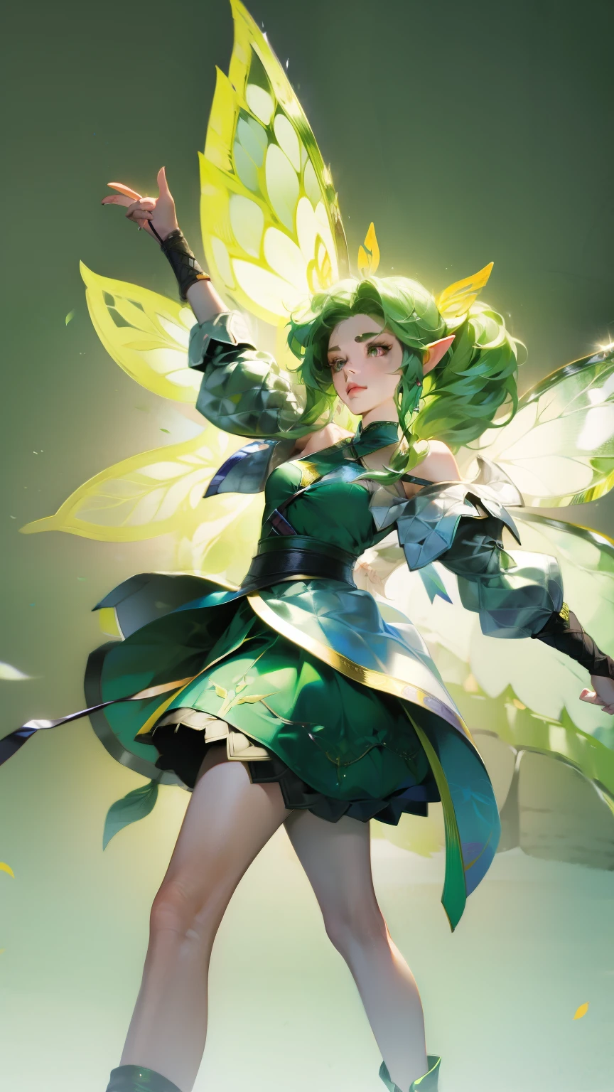 Wearing green and black clothing、Anime girl with wings and green background, Elf character, Fairy, forest Fairy, Insect trainer girl, brunette elf with Fairy wings, Elf, Cute 3D anime girl rendering, April rendering, Fairy dance, Dynamic sense