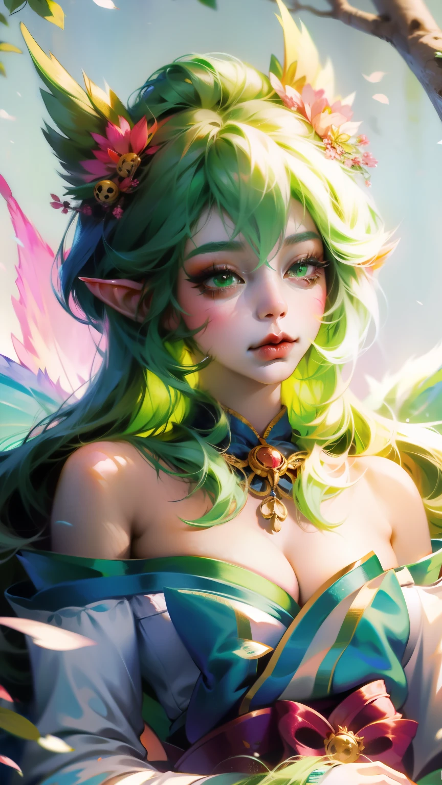 Wearing green and black clothing、Anime girl with wings and green background, Elf character, Fairy, forest Fairy, Insect trainer girl, brunette elf with Fairy wings, Elf, Cute 3D anime girl rendering, April rendering, Fairy dance, Dynamic sense
