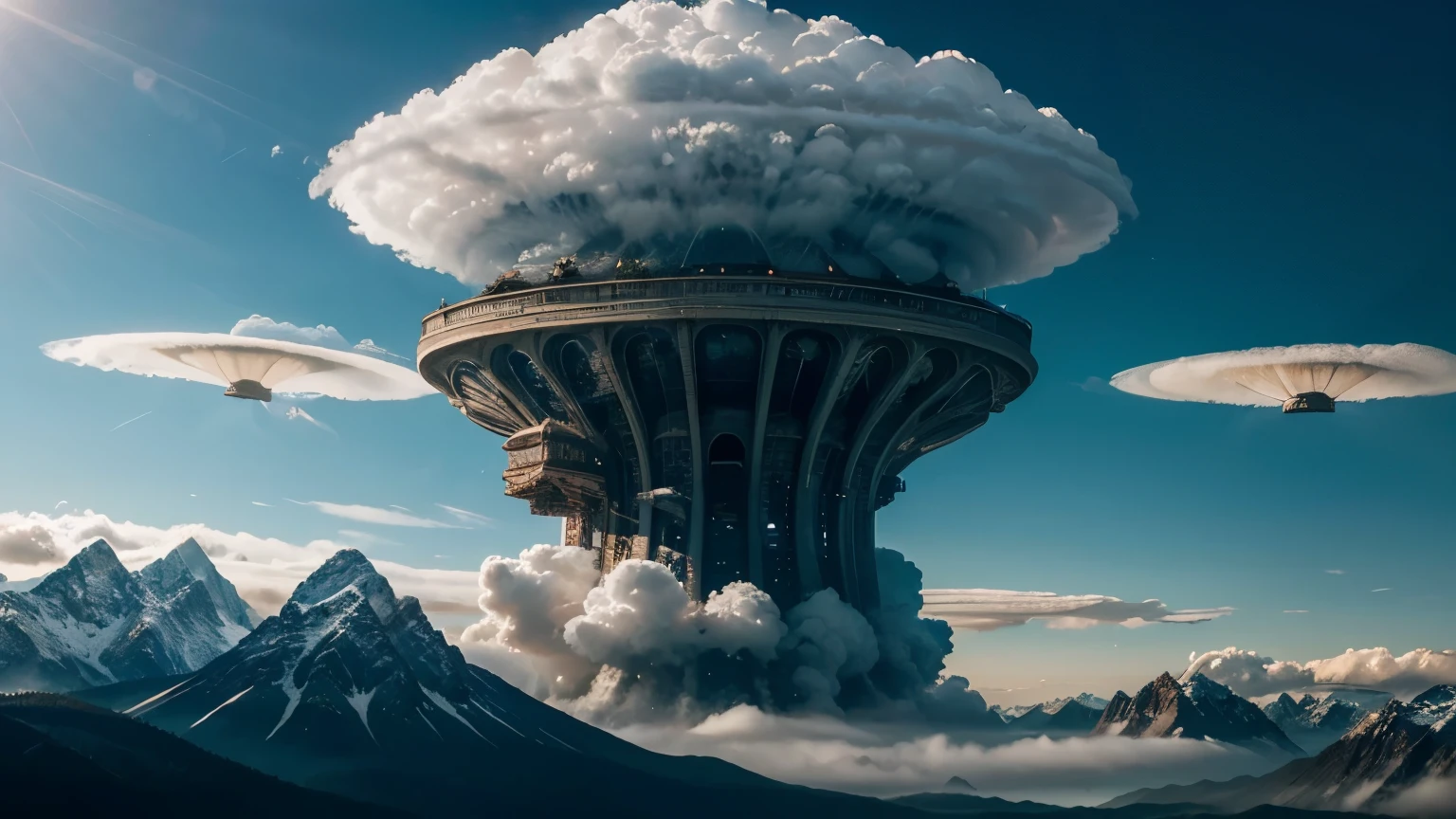 A majestic formation of lenticular clouds, shaped like colossal lenses, looms near towering mountains, resembling otherworldly UFOs or flying saucers. The intricate details of these clouds are captured in a stunning photograph, showcasing their surreal and ethereal beauty. Each cloud appears so perfectly shaped and defined, almost as if it was expertly painted onto the sky by a master artist. The vivid colors and sharp contrasts make this image truly captivating, drawing viewers into a world where nature's wonders take on a mesmerizing and mysterious form.