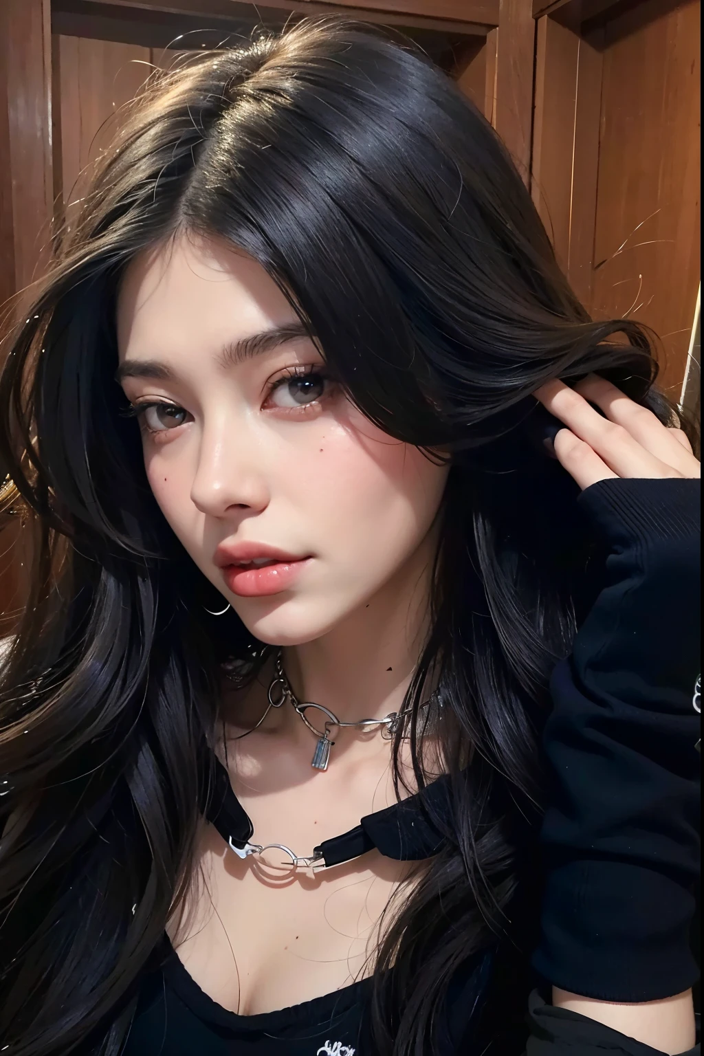 There is a woman with long black hair and a necklace in, cabelos pretos e olhos grandes, lindo rosto latino, 18 anos, garota persa de pele clara, thick lips, Violeta Myers, Parece Fabiula Nascimento, imagem de perfil, lorde, mulher com longos cabelos pretos, 1 6 anos, cabelo preto ondulado, pele de azeitona