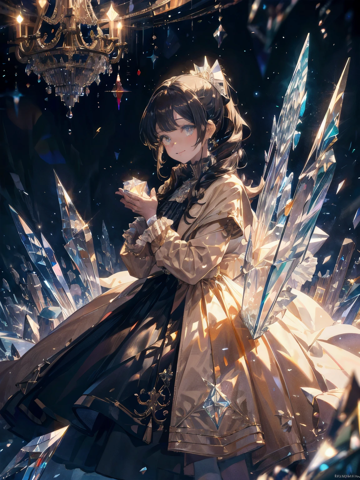 dramatic composition, coat style dress, royal, nice, カスケードfrills, frills, bow, crystal chandelier, roman curly hairstyle, ponette, double ponytail like a drill, look at the camera, bangs, maximalism, palace background, Delicate depiction of hair and eyes, princess dress, nice skirts, flowers in hand, smile, Eyes like the starry sky, cinematic light, extreme detail, High resolution, happy girl, very long hair, diamond, broken diamond, crystal shards, particles of light