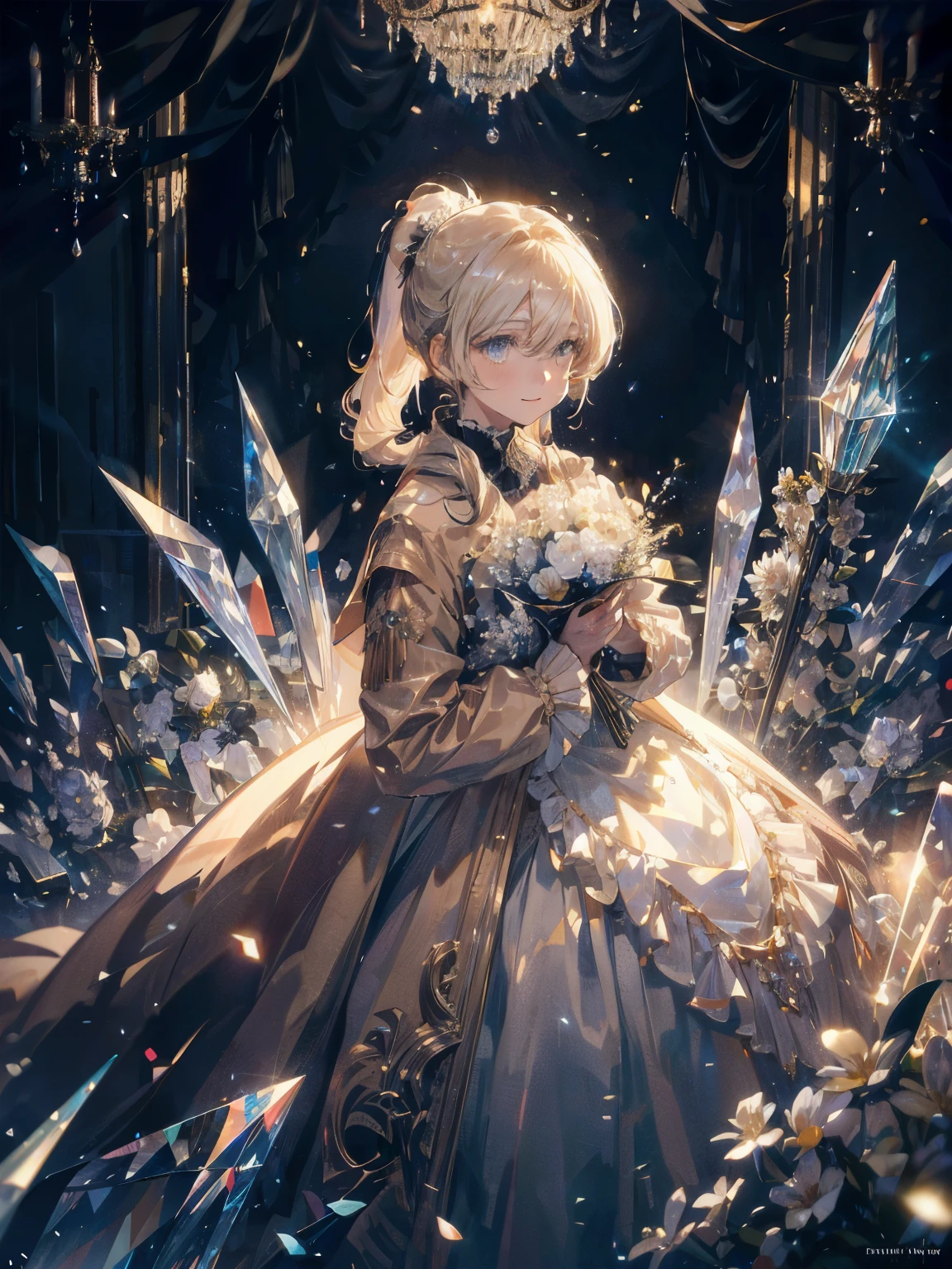 dramatic composition, coat style dress, royal, nice, カスケードfrills, frills, bow, crystal chandelier, roman curly hairstyle, ponette, double ponytail like a drill, look at the camera, bangs, maximalism, palace background, Delicate depiction of hair and eyes, princess dress, nice skirts, flowers in hand, smile, Eyes like the starry sky, cinematic light, extreme detail, High resolution, happy girl, very long hair, diamond, broken diamond, crystal shards, particles of light