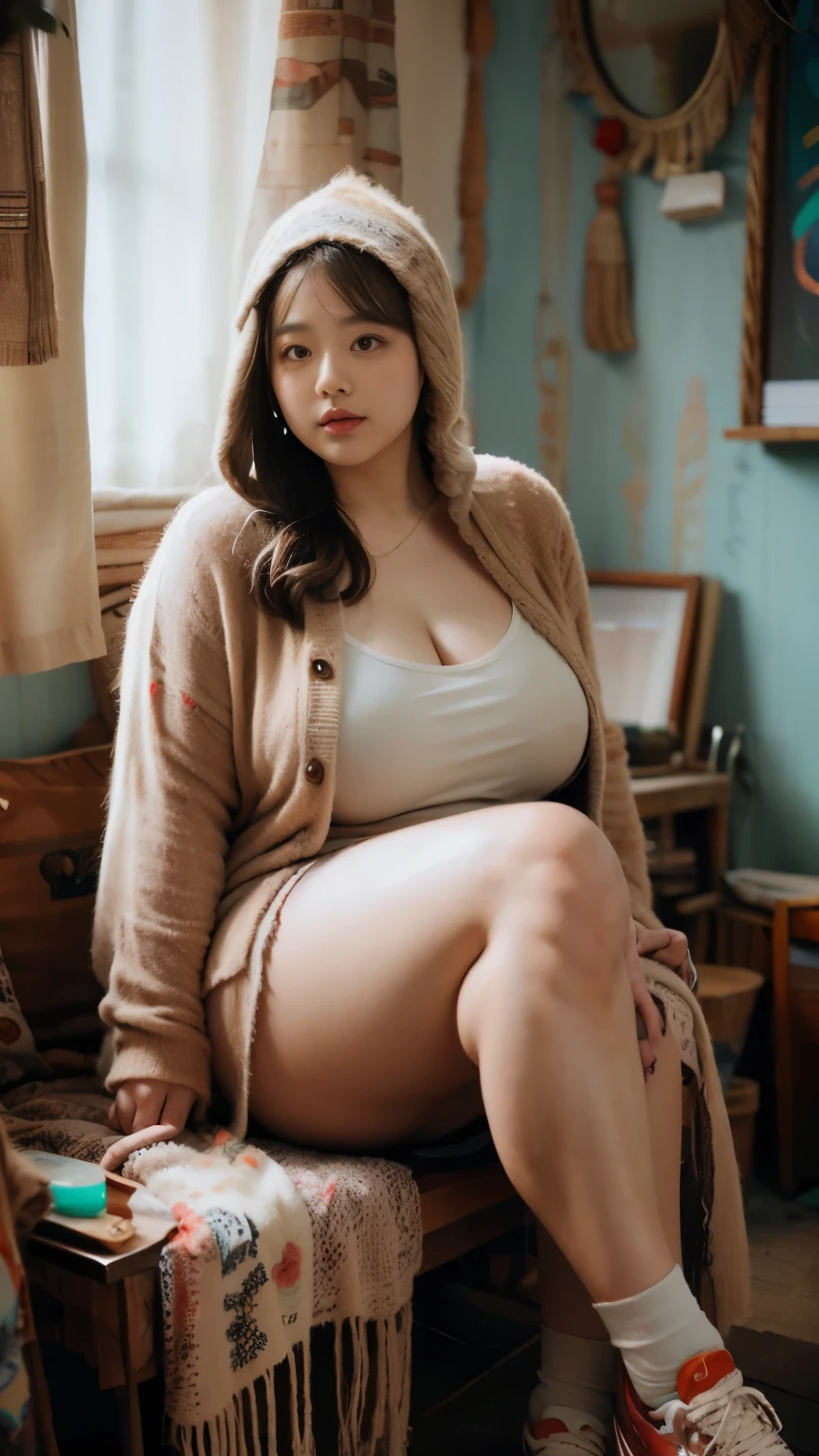 there is a woman sitting down with a longest brown hair, bbwchan, thicc, brown hijab outfit, brown hairstyle model, korean girl, korean woman, wearing brown robe, full length shot, alluring plus sized model, japanese goddess, clothed in hooded, voluptuous and arousing, portrait shot, curvy model, voluptuous body, wonderful, nene tanaka body , bbwchan, The overall atmosphere is smooth , haunting illustrations, extremely high-resolution details, photographic, realism pushed to extreme, fine texture, 4k, ultra-detailed, high quality, high contrast, red sneakers , cold atmosphere ,, cold atmosphere