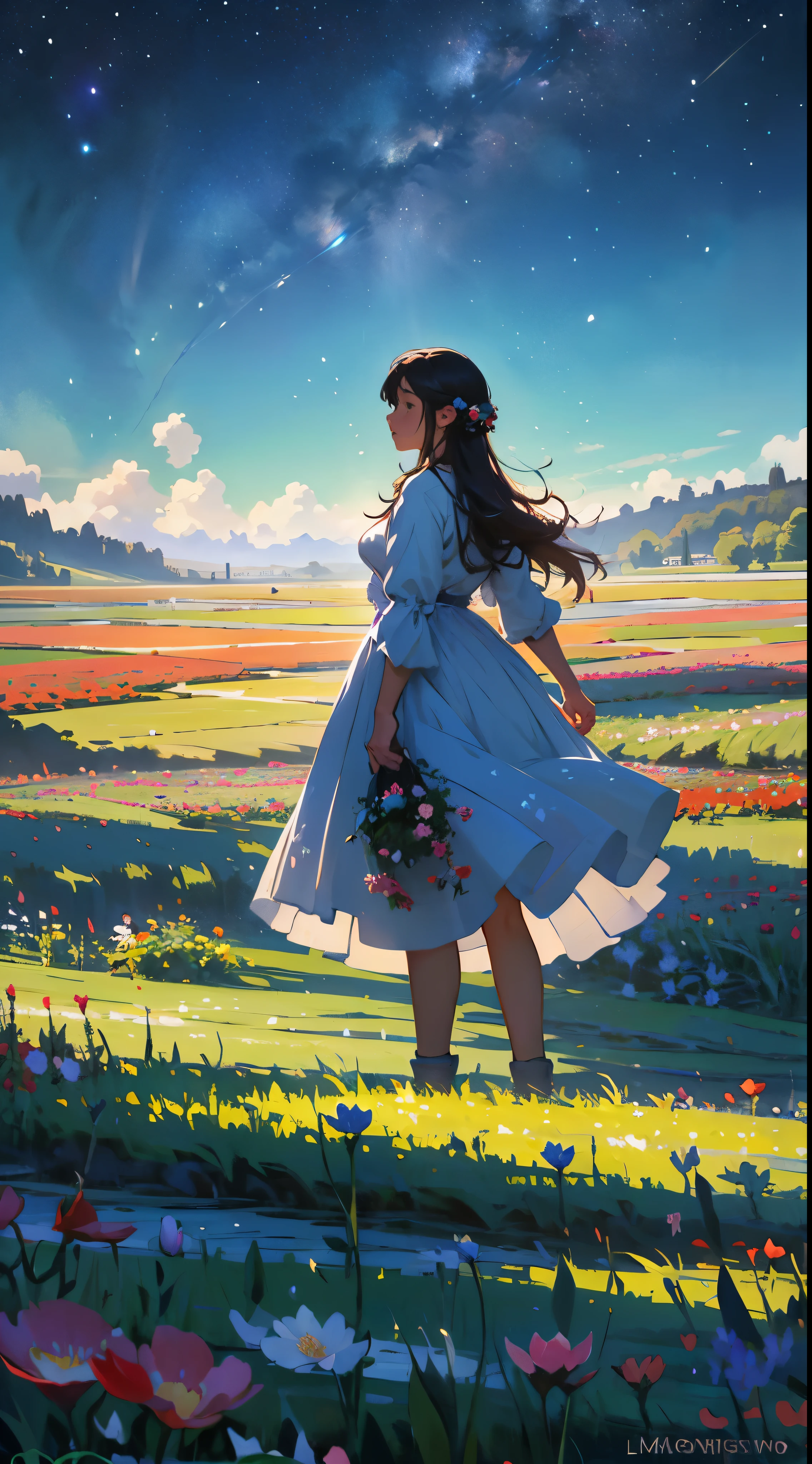 There is a girl standing in a flower field looking up at the sky, A girl standing in a flower field, A girl walks in a flower field, Get lost in a fantastic wonderland, standing in flower field, dreamlike digital painting, The sky is gradually clearing, The starry sky gradually receded,(Monet, Impresionismo, Oil painting), 02